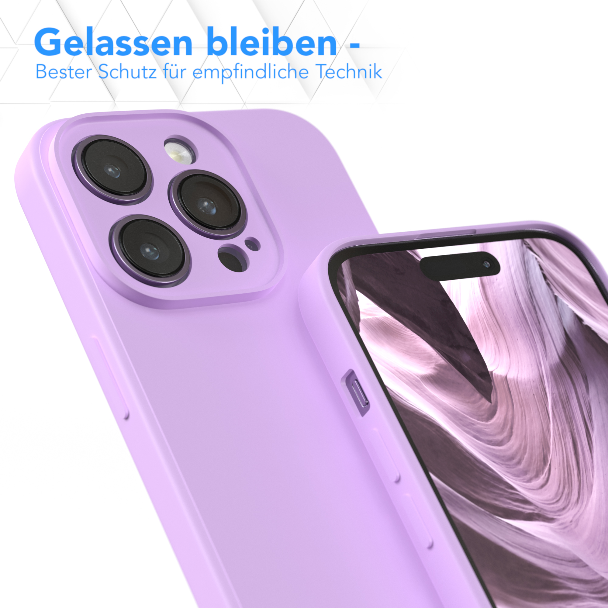 Eine lila Handyhülle mit drei Kameralinsen, in der Nähe eines Telefons mit sichtbarem Bildschirm.