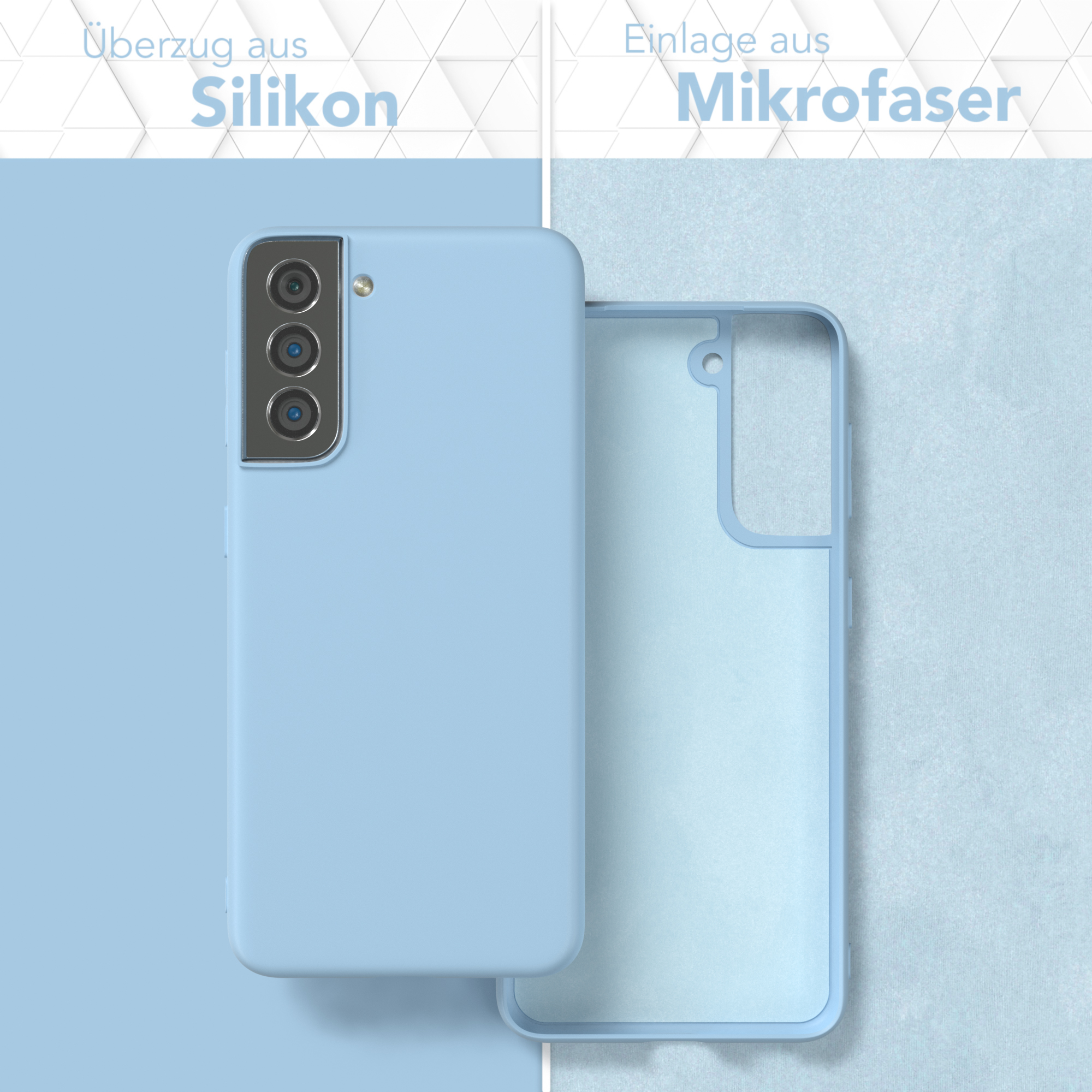 Eine hellblaue Handyhülle mit passendem Handy. Die Hülle ist links, eine passende Hülle ist rechts geöffnet.