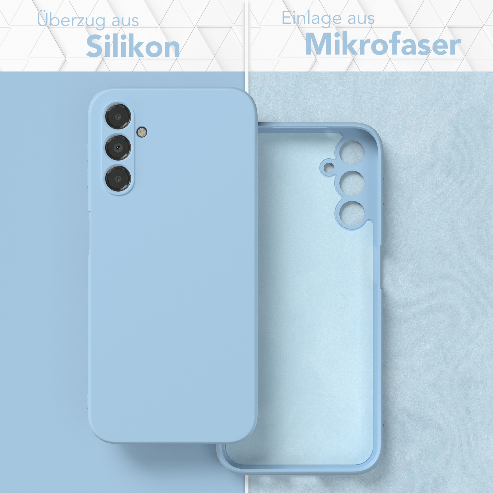 Hellblaue Handyhülle, zeigt Silikonaußenseite und Mikrofaserfutter.