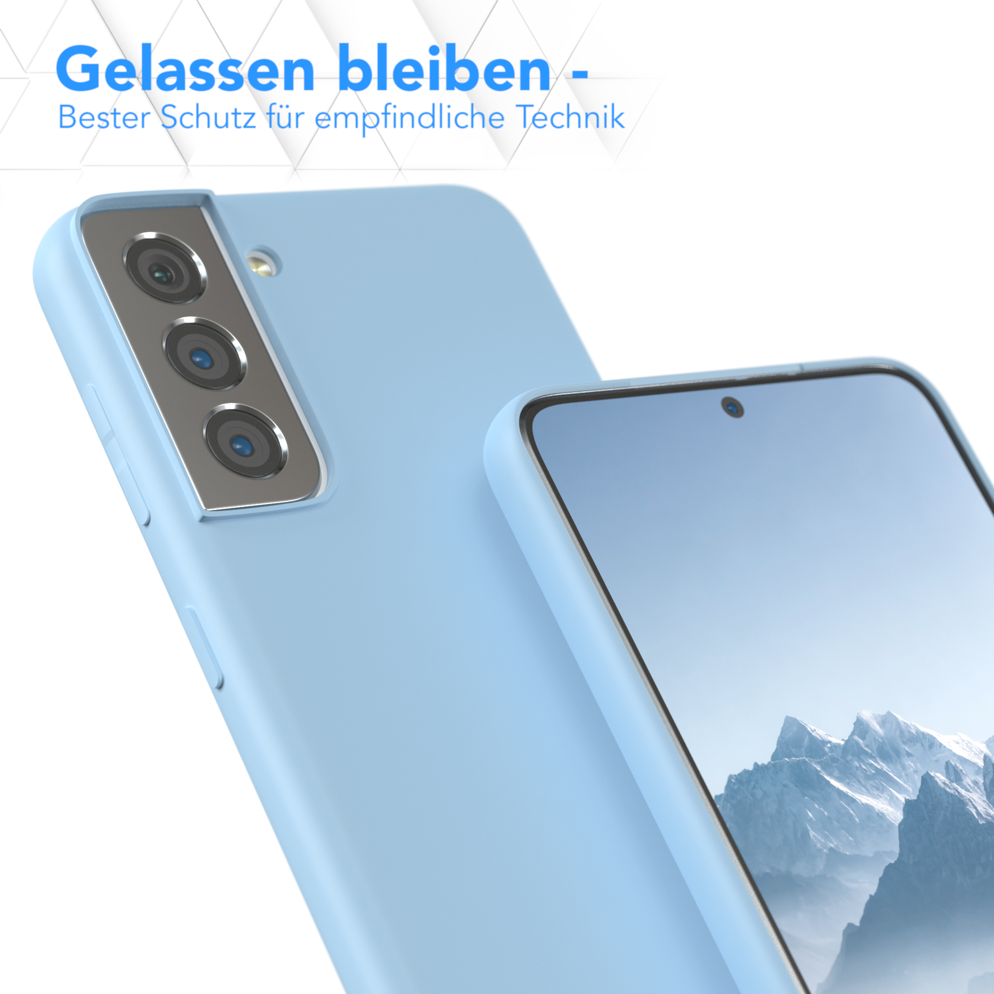 Hellblaue Handyhülle, Telefon zeigend, Text 'Gelassen bleiben'.