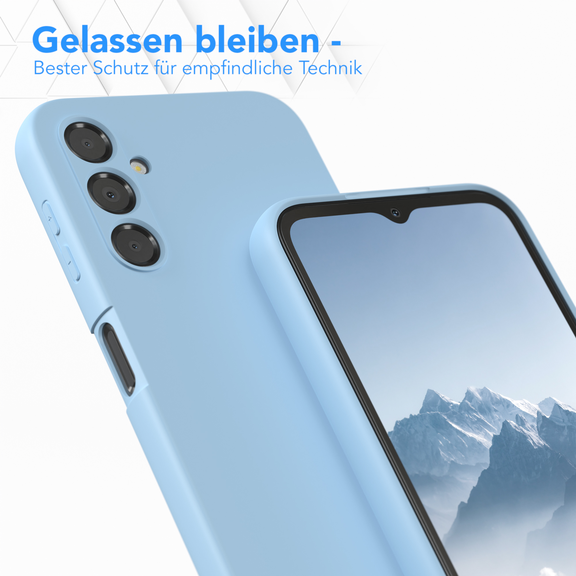 Hellblaue Handyhülle und Handy mit Hülle, mit Text 'Entspannt bleiben - Bester Schutz'.