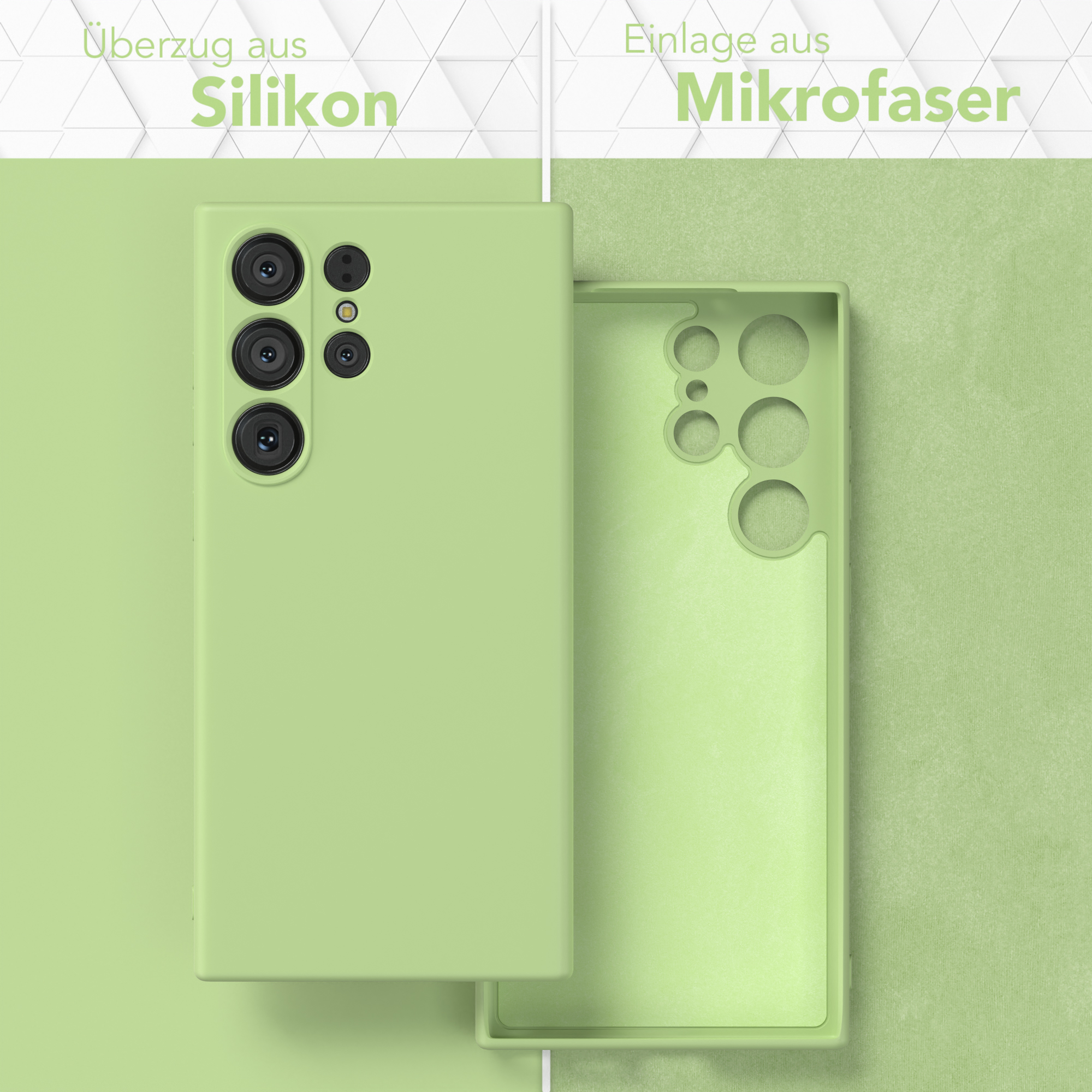 Eine grüne Handyhülle, außen und innen, mit den Worten 'Silikon' und 'Mikrofaser'.