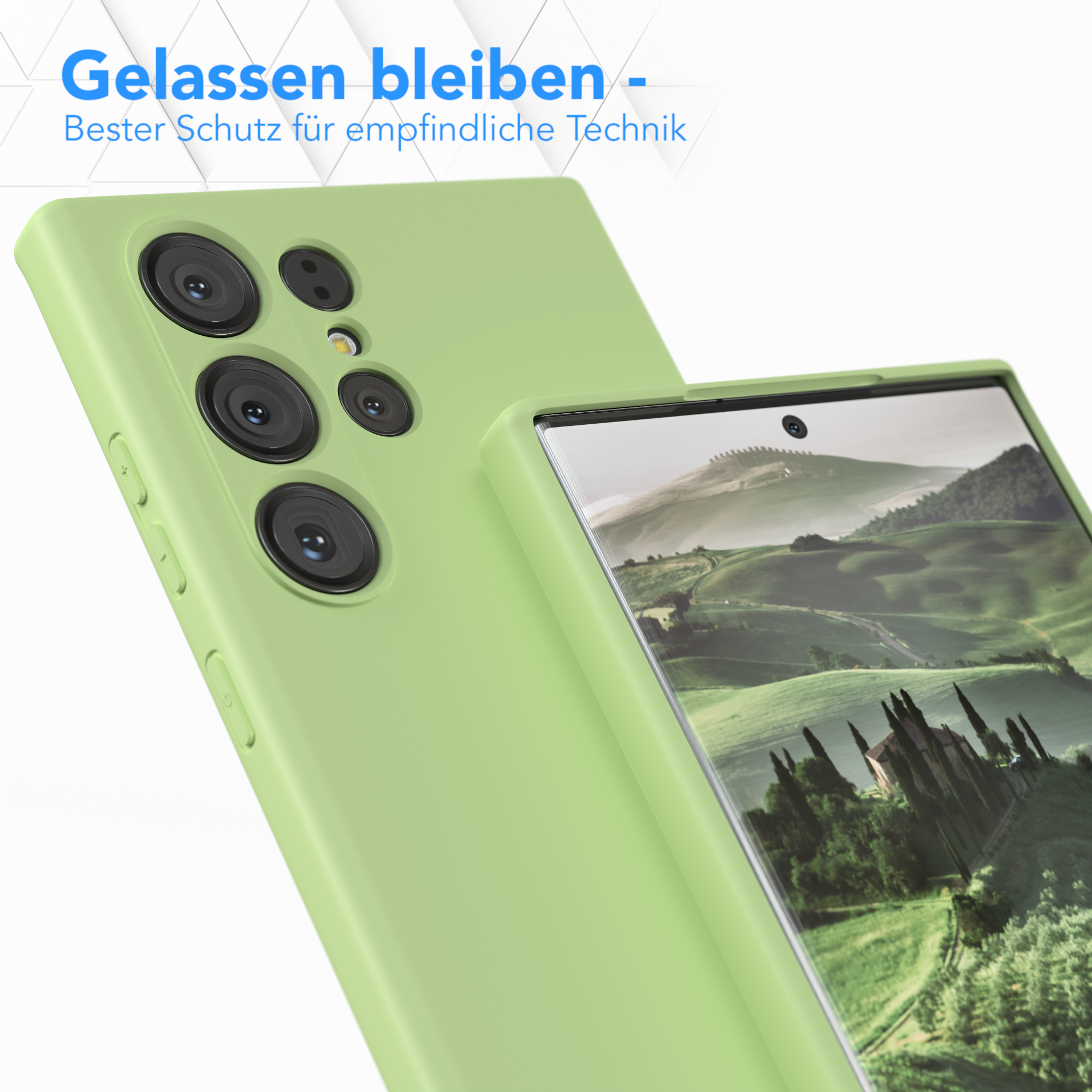 Eine grüne Handyhülle schützt ein Telefon mit mehreren Kameras. Auf dem Bildschirm ist eine Landschaft zu sehen.