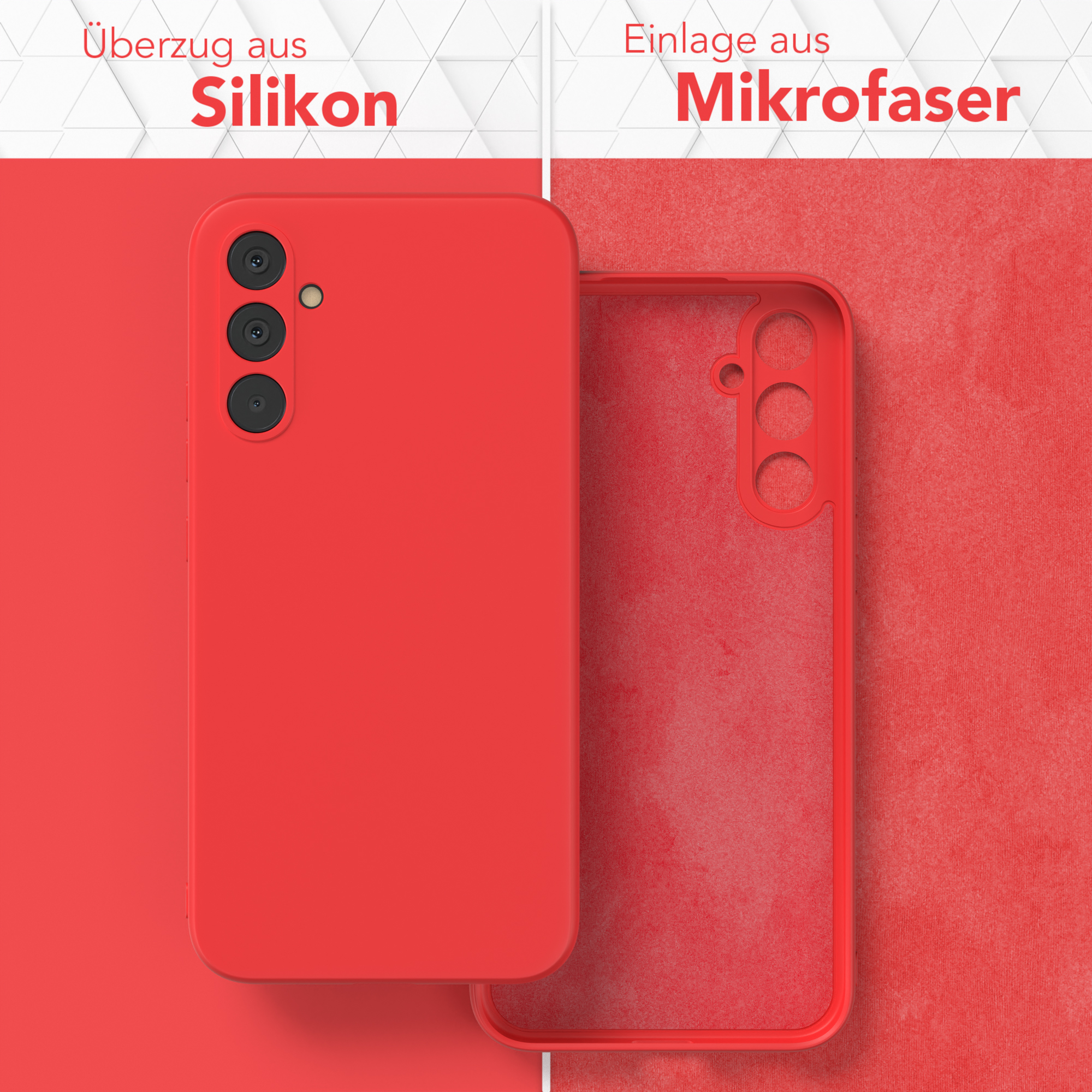 Rote Handyhülle und ihr Inneres mit roter Mikrofaser-Einlage. Text: Silikonbeschichtung, Mikrofaser-Einsatz.