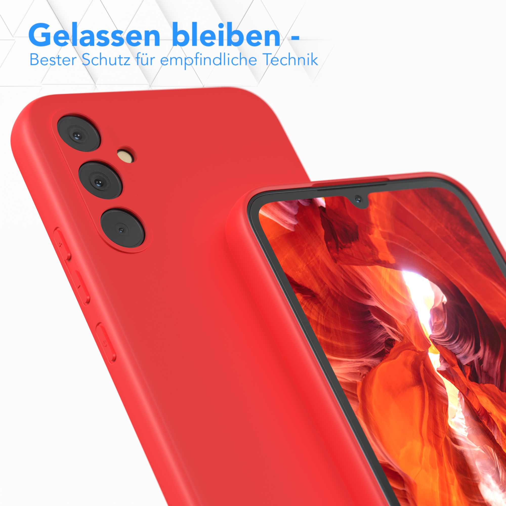 Rote Handyhülle, die ein Telefon schützt. Text: Gelassen bleiben - Bester Schutz.