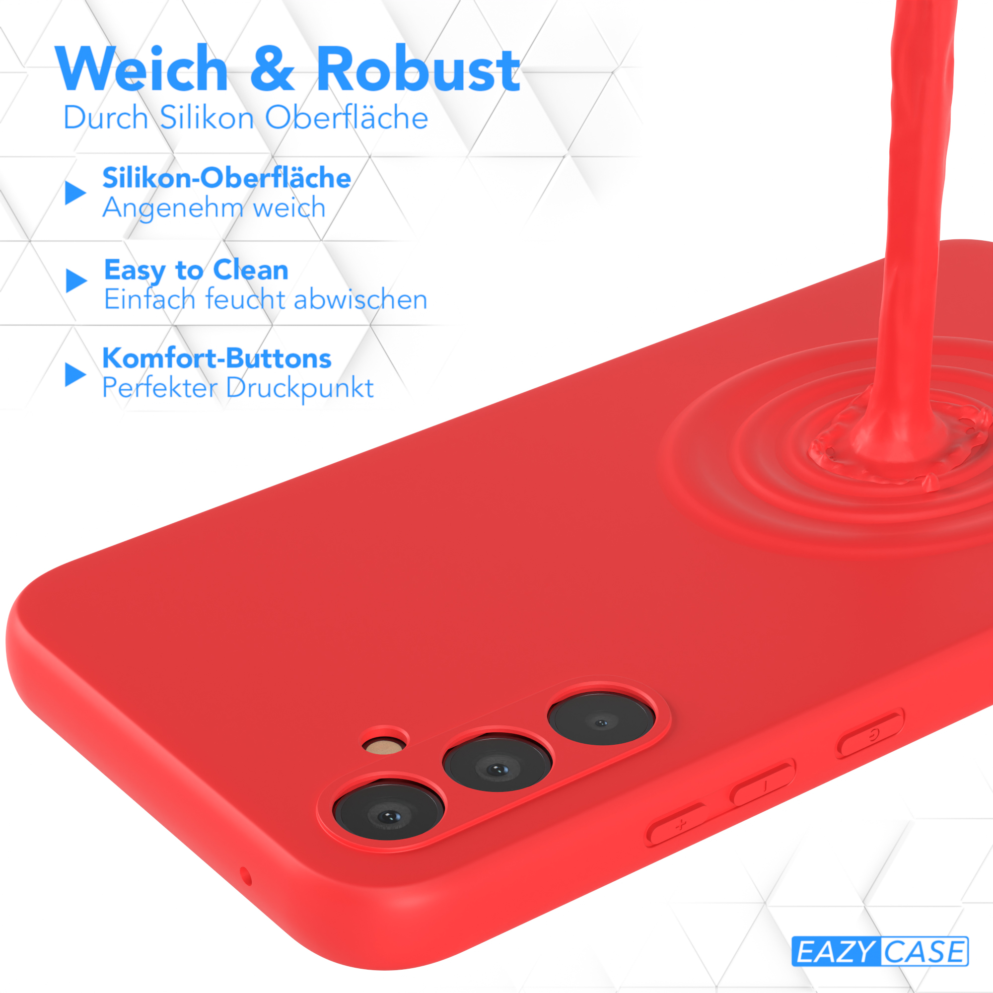 Rote Handyhülle mit Flüssigkeitsspritzer. Text: Weich & Robust, leicht zu reinigen, Komfort-Tasten.