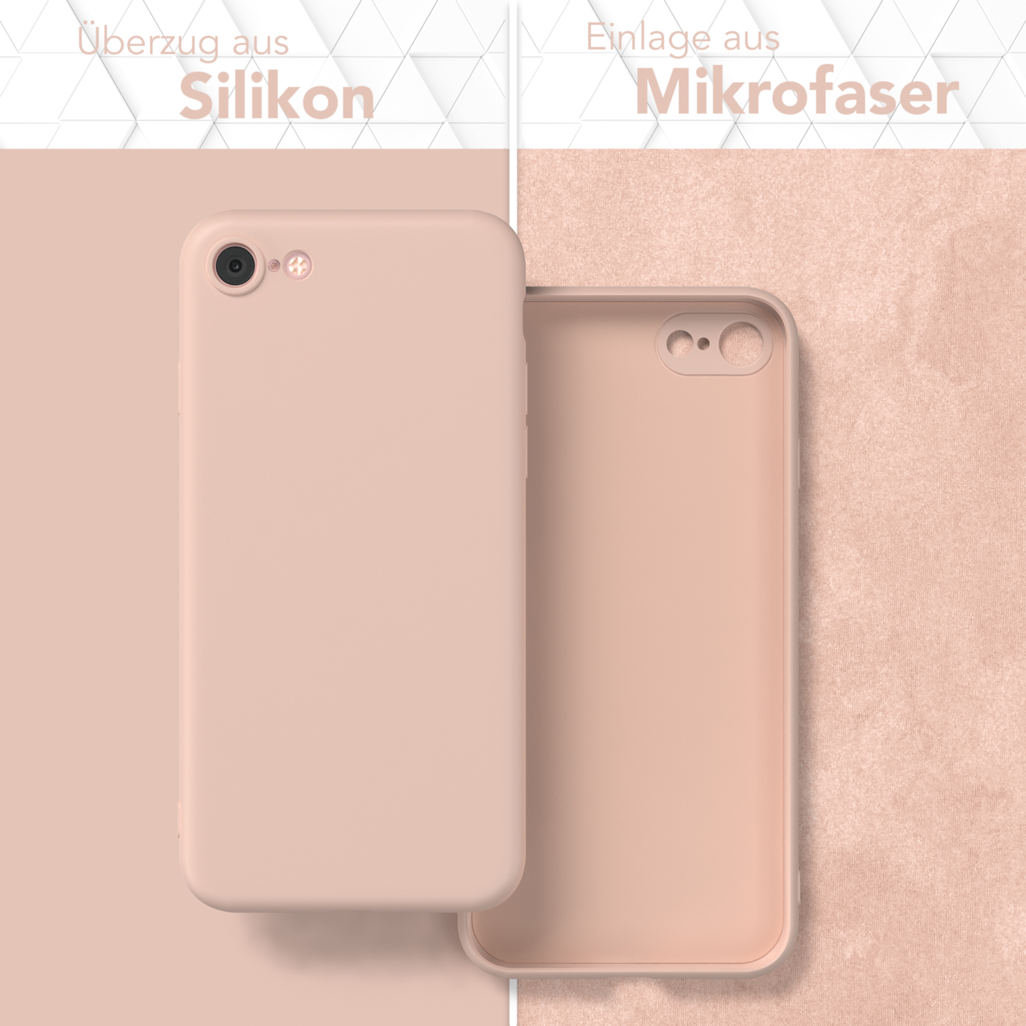 Eine pfirsichfarbene Handyhülle, die Innen- und Außenseite zeigt, mit beige-rosa Hintergrund.