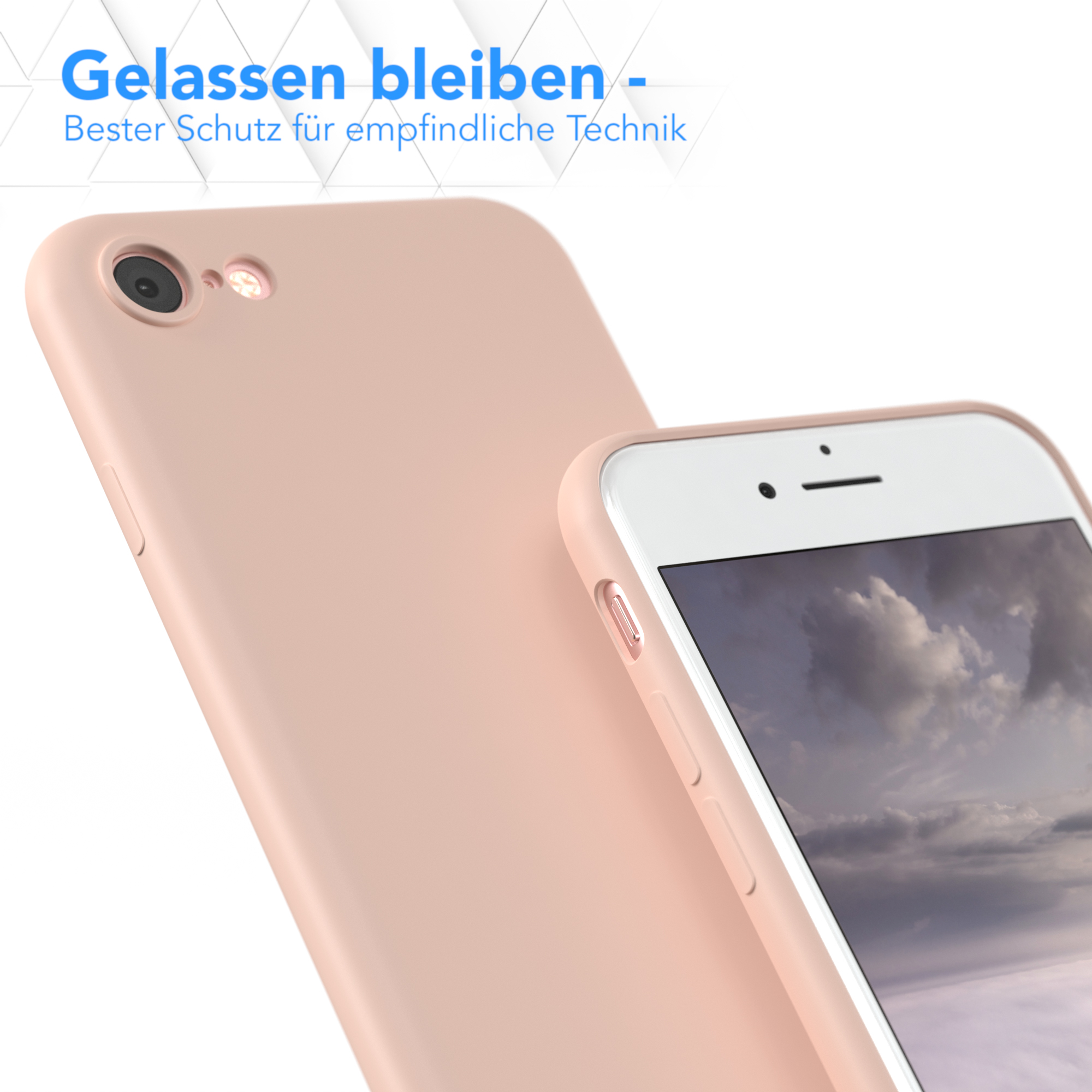 Zwei Handyhüllen, eine bedeckt ein Telefon. Die Hüllen sind hellrosa.