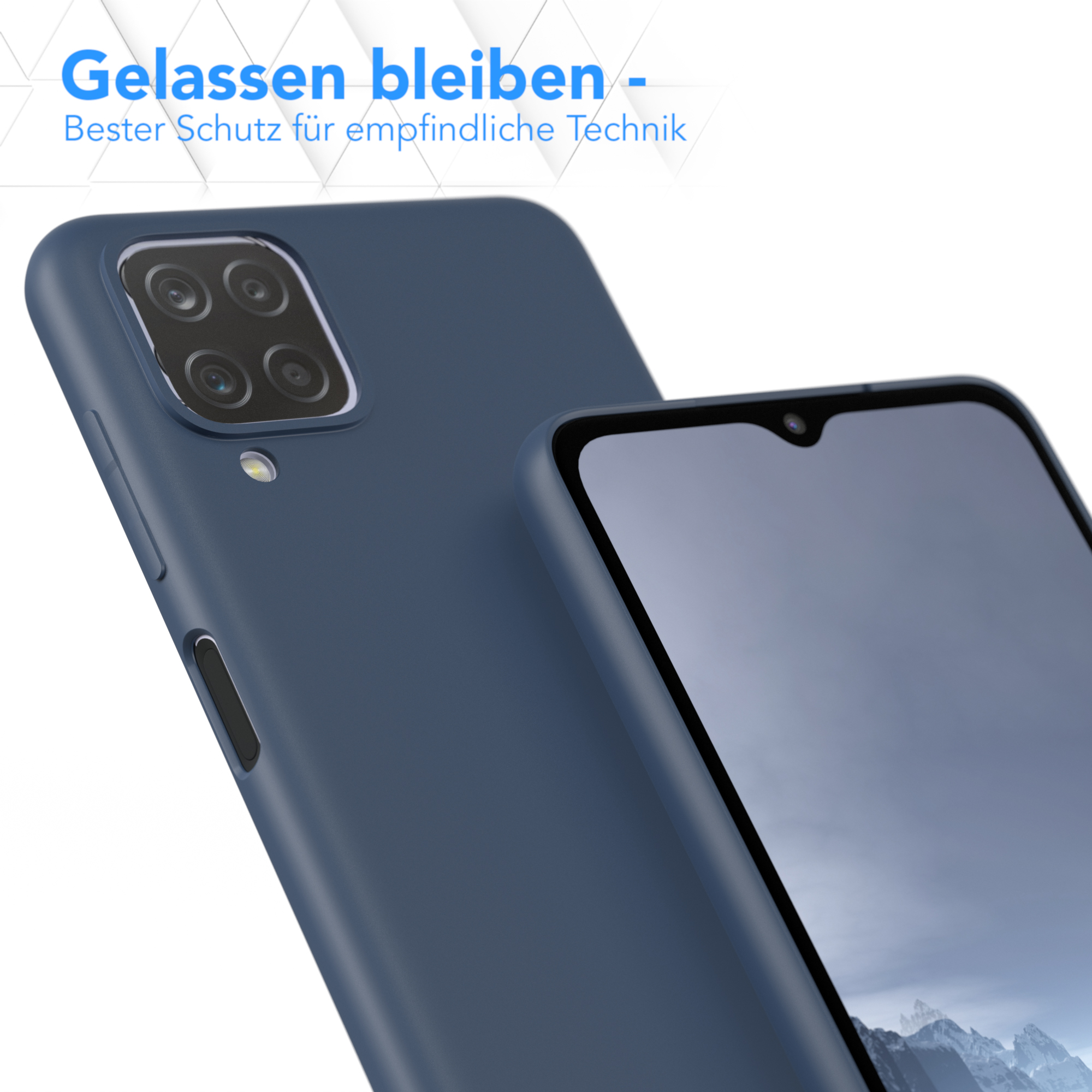 Zwei marineblaue Handyhüllen. Eine ist auf dem Telefon, die andere davor, nah.