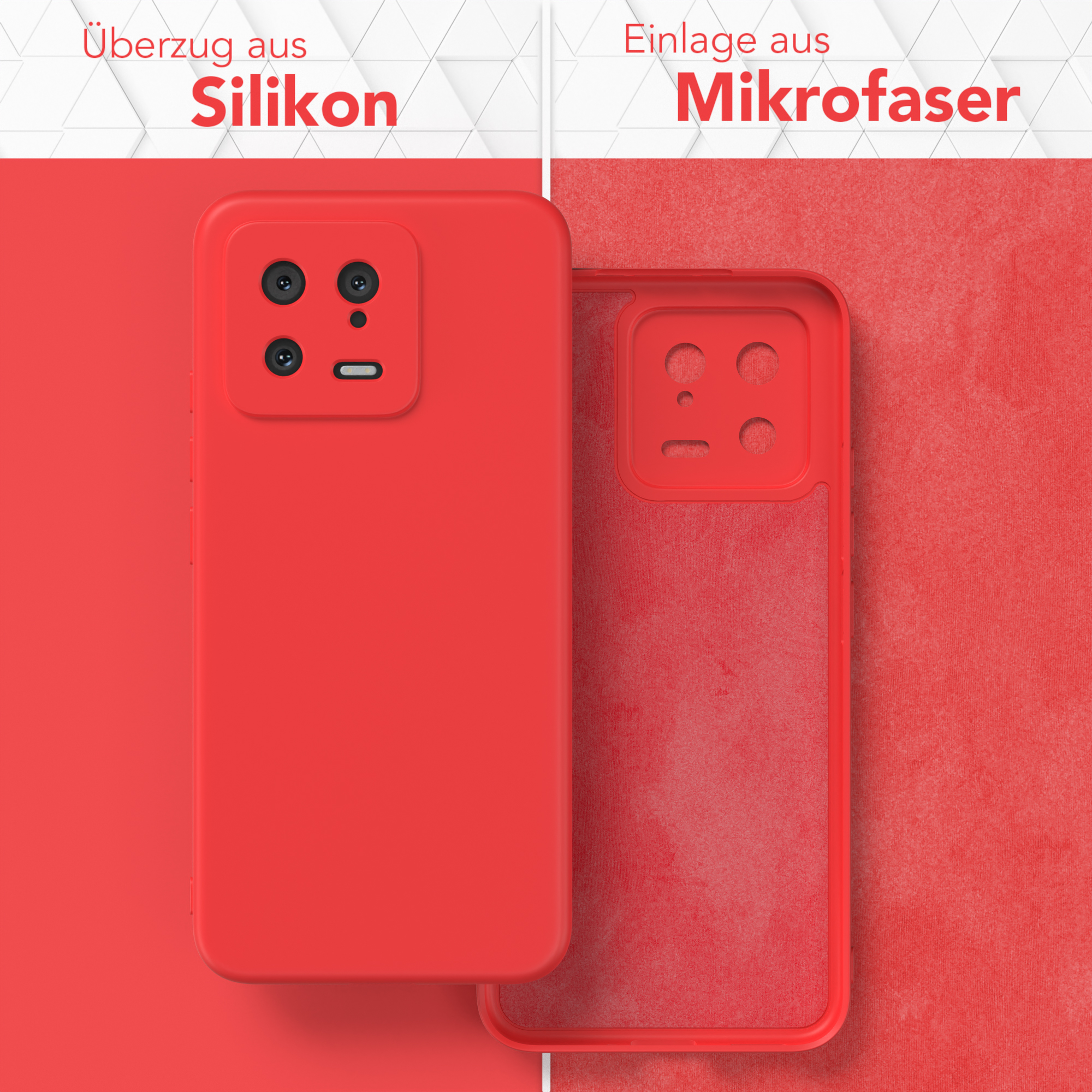 Rote Handyhülle mit roter Silikonaußenseite und Mikrofaser-Innenseite. Die Hülle ist in 2 Teile geteilt.