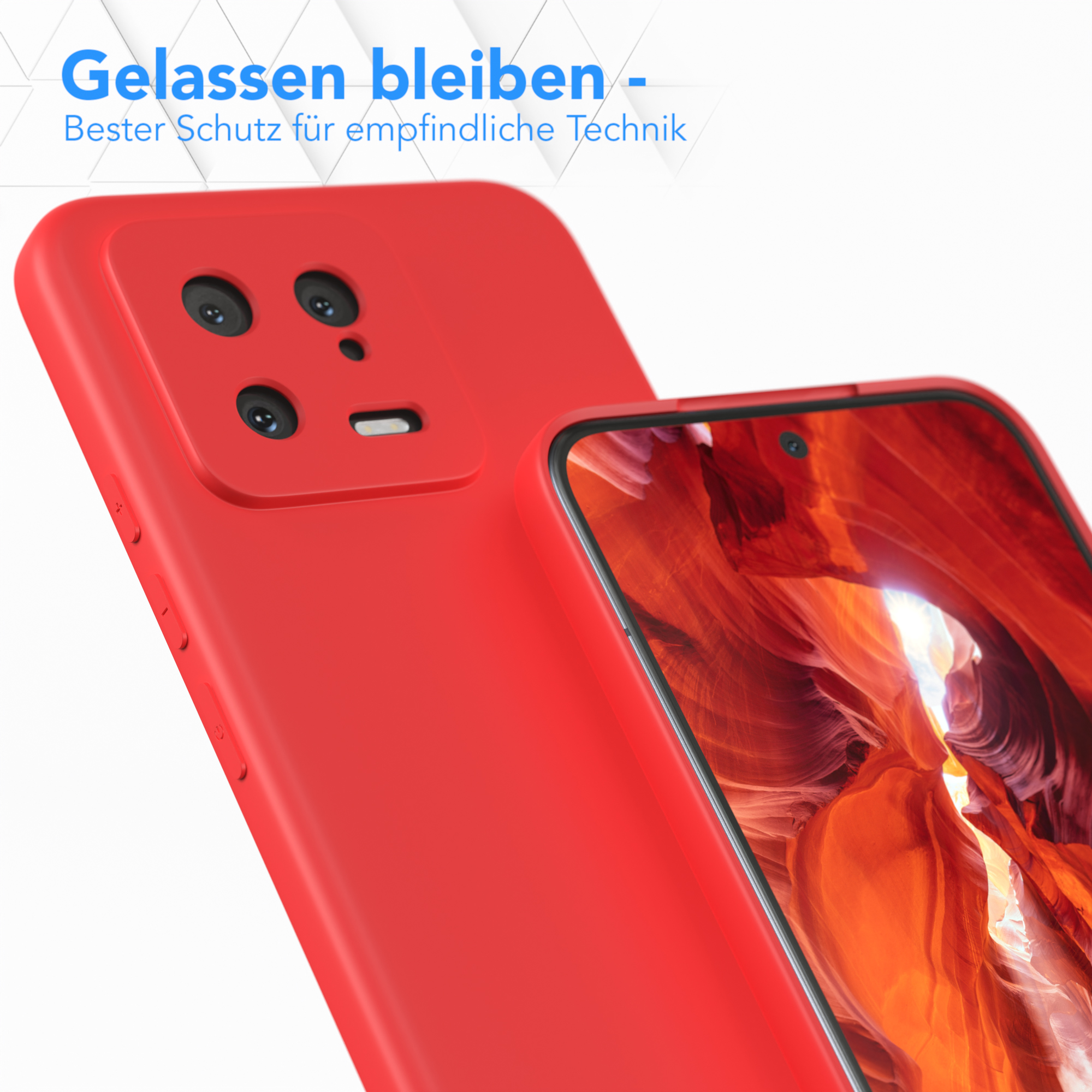 Rote Handyhülle mit Kameraausschnitten. Ein Telefonbildschirm zeigt eine Landschaft.