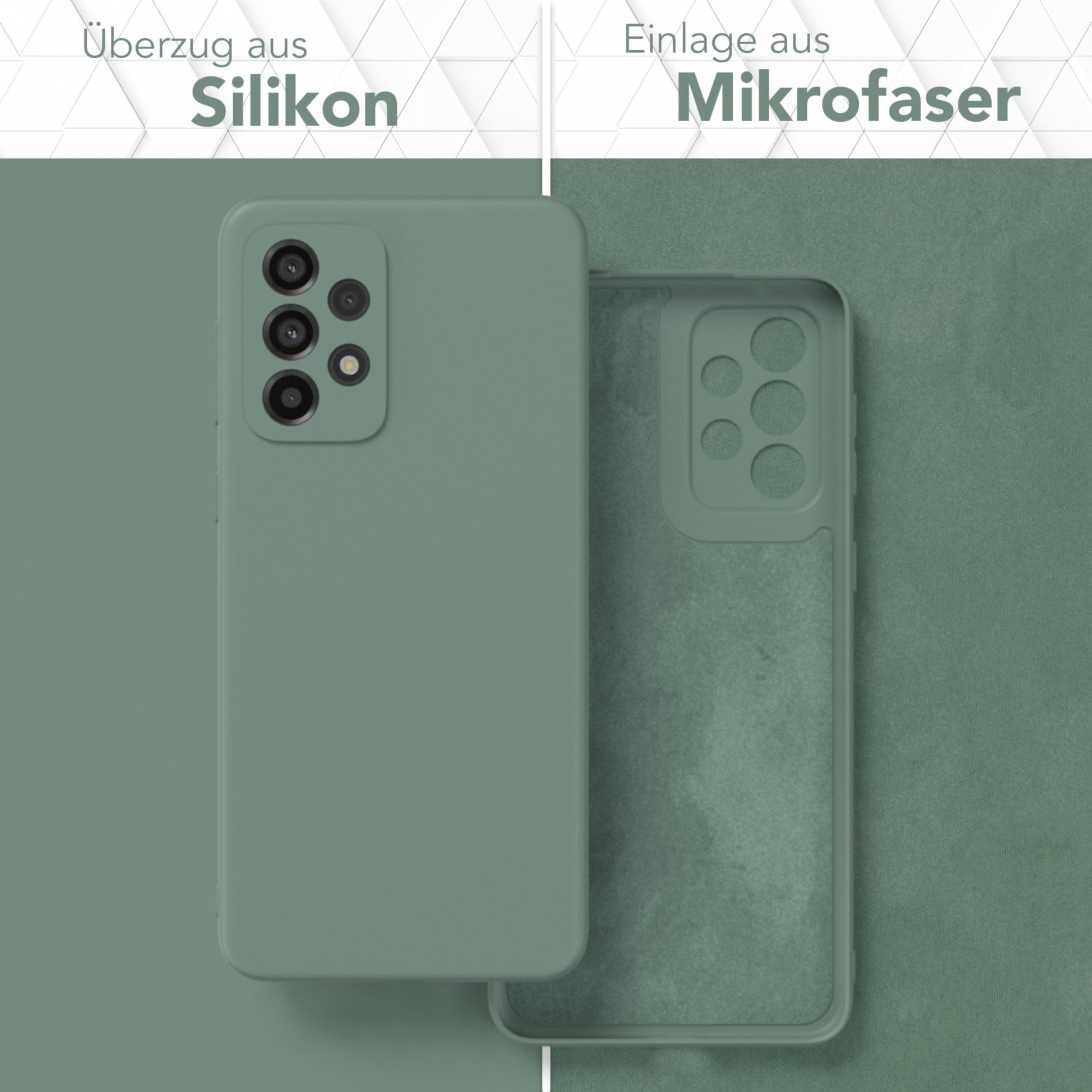 Grüne Handyhülle mit passendem Handy, Silikon außen und Mikrofaser innen.