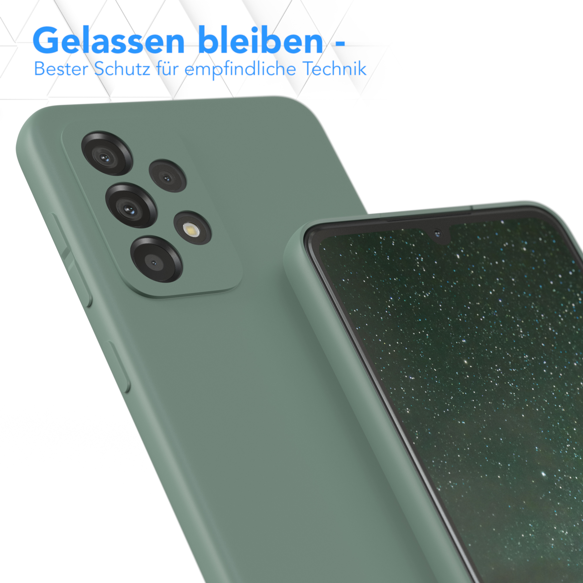 Grüne Handyhülle mit Smartphone. Nahaufnahme, Schutzkleidung gezeigt.