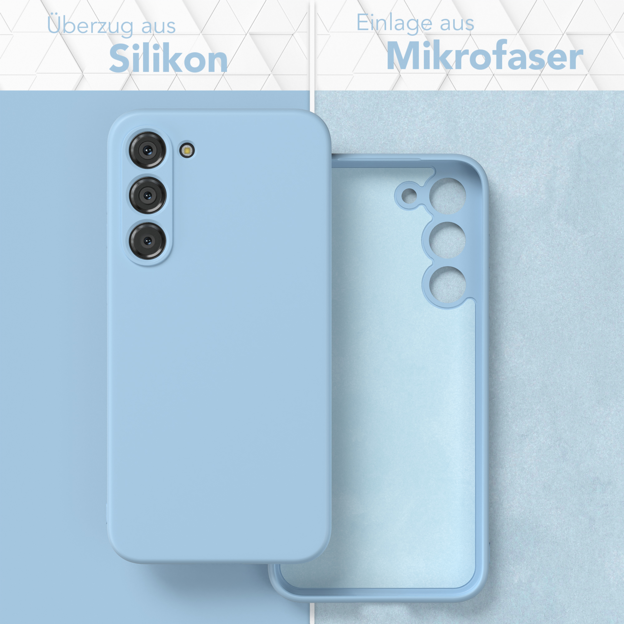 Eine hellblaue Handyhülle mit einem Telefon darin, die Hülle befindet sich neben einer hellblauen Oberfläche.