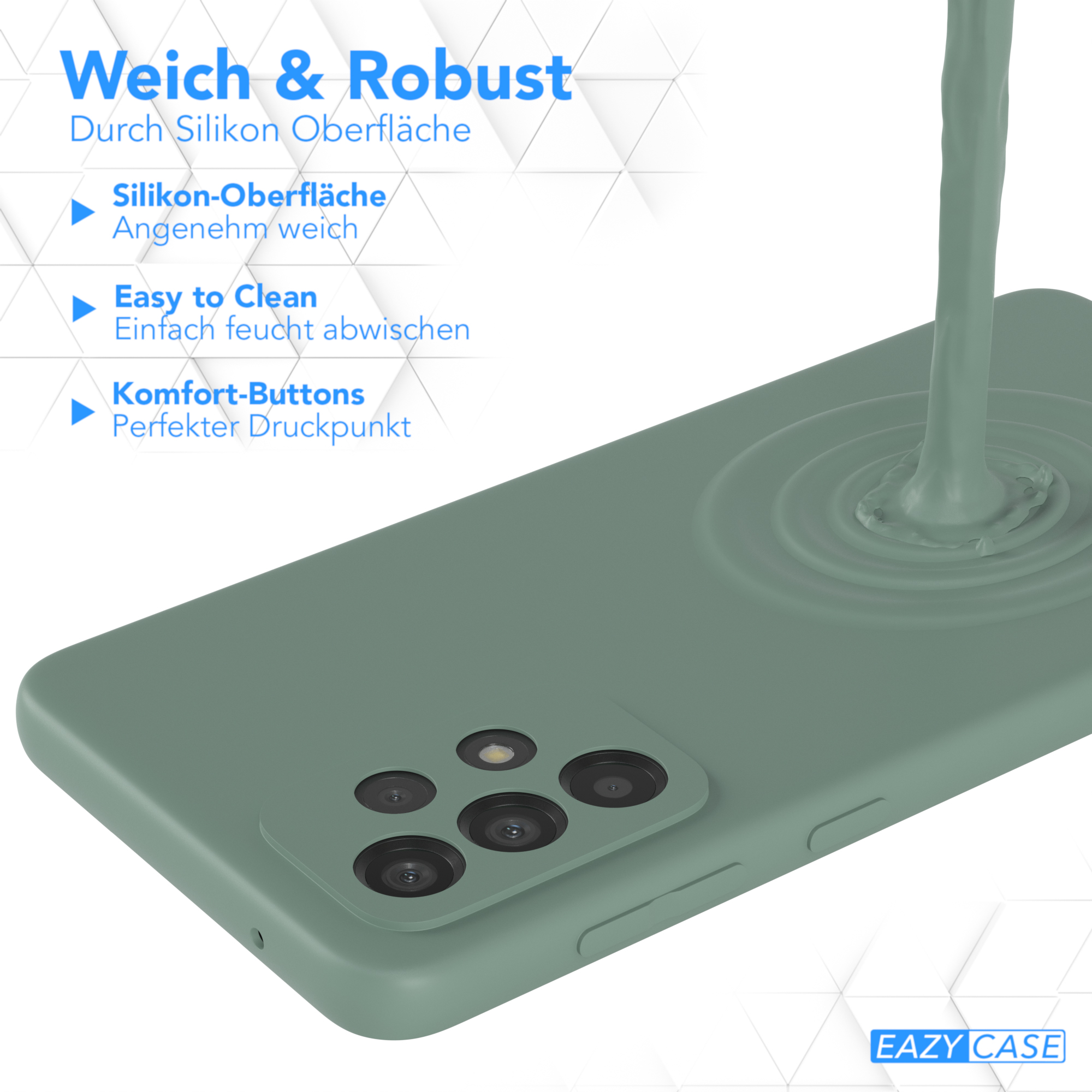 Grüne Handyhülle mit fließendem Material und dem Text 'Weich & Robust'.