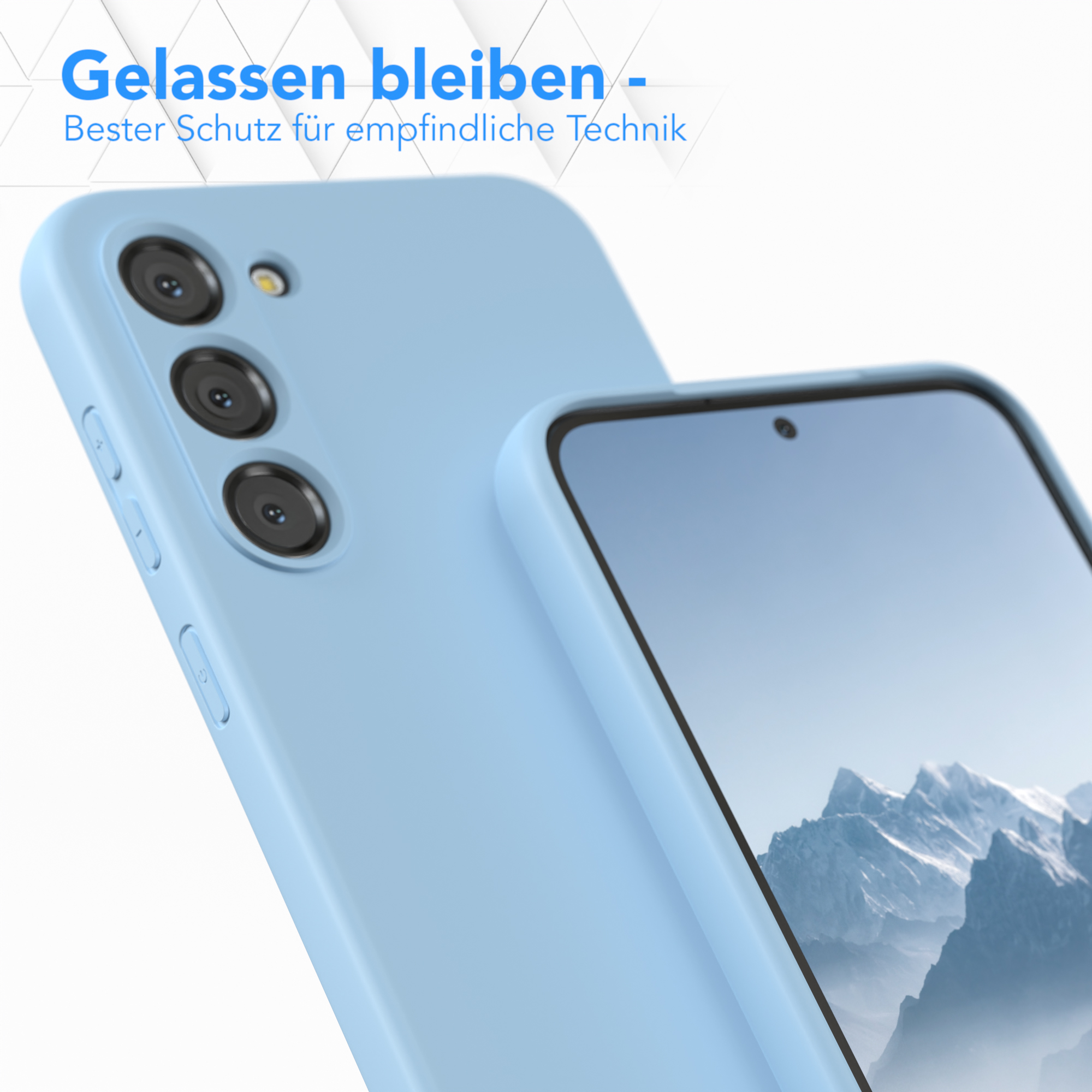 Eine hellblaue Handyhülle schützt ein schwarzes Telefon. Text: 'Gelassen bleiben - Bester Schutz...'