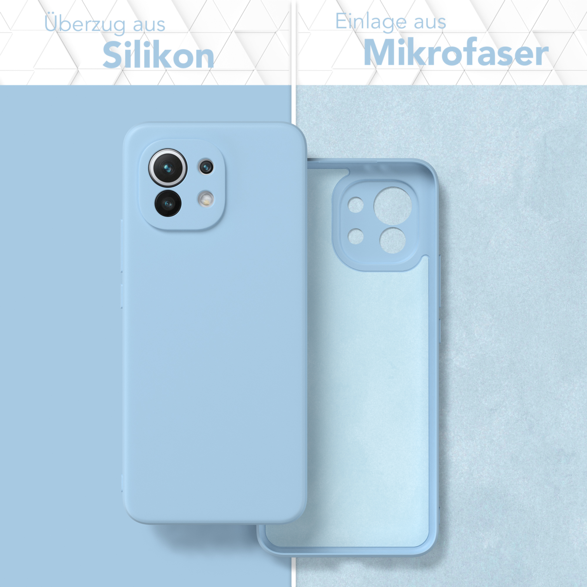 Hellblaue Handyhülle und Innenfutter, auf hellblauem Hintergrund.