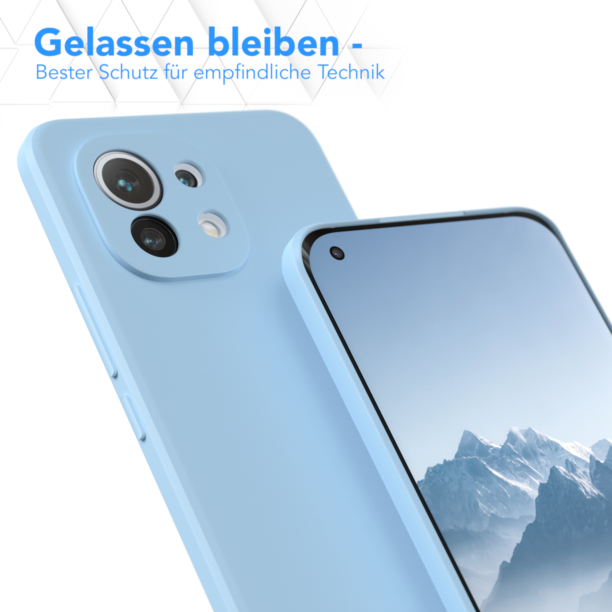 Eine hellblaue Handyhülle mit einem Telefon darin, Text oben lautet: 'Entspannt bleiben - Bester Schutz'.