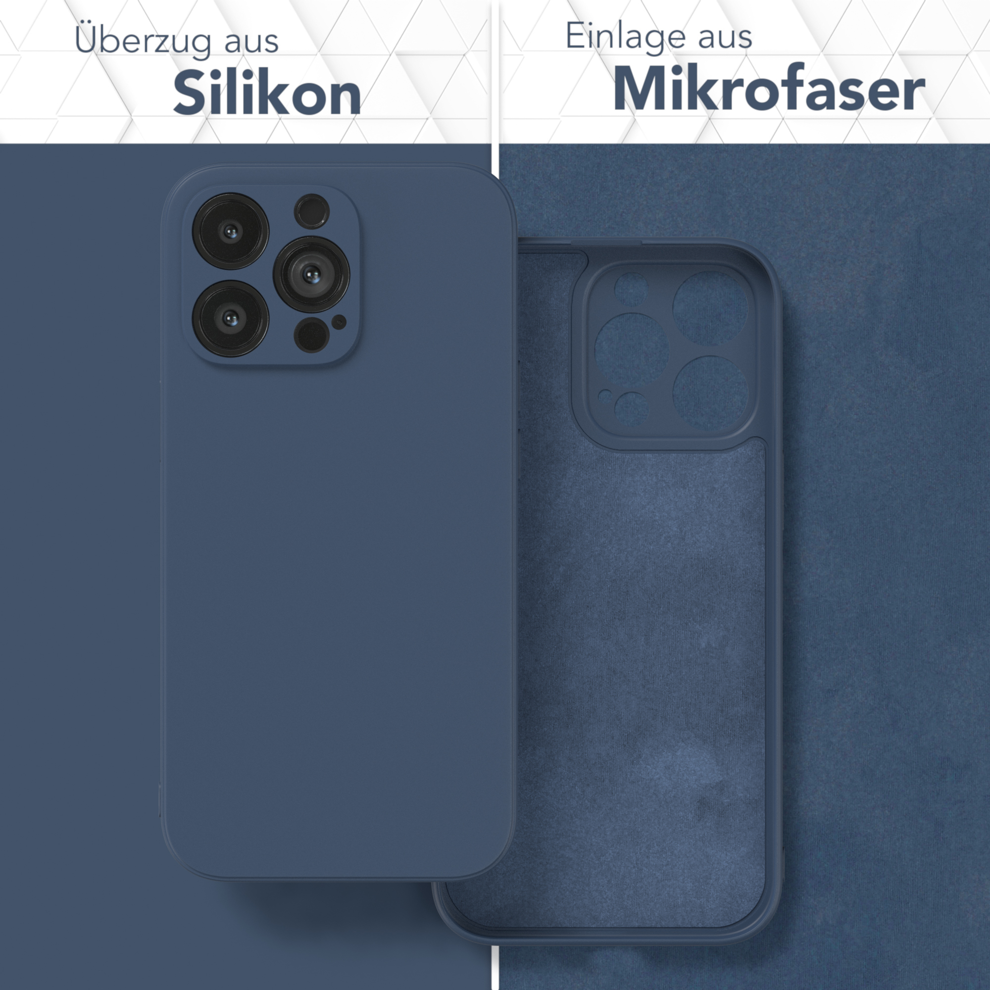 Zwei Handyhüllen, eine blau, eine offen, die Innenseite zeigend. Text sagt Silikonhülle und Mikrofaser-Einsatz.