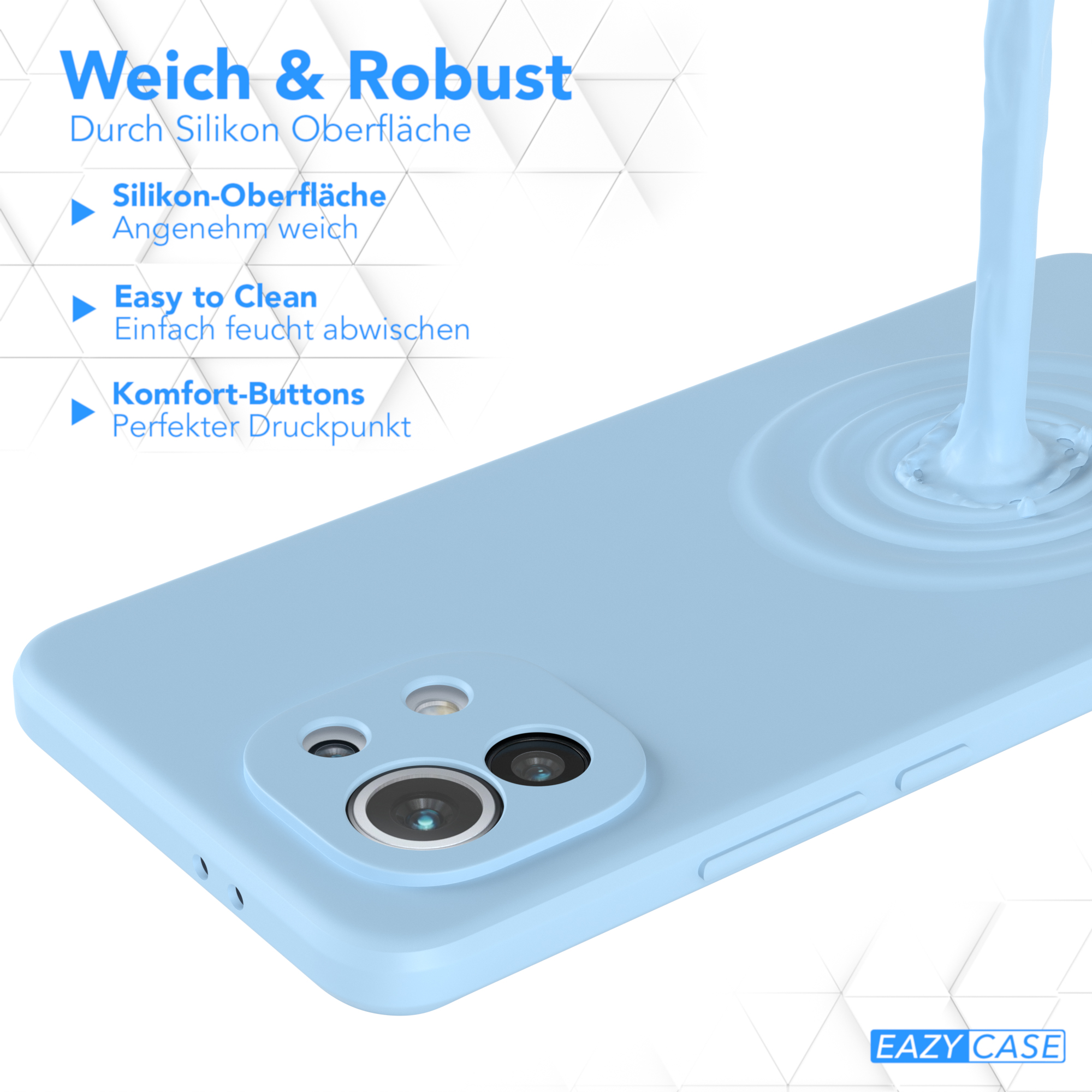 Eine blaue Handyhülle, über die Flüssigkeit gegossen wird. Das Telefon ist rechts.