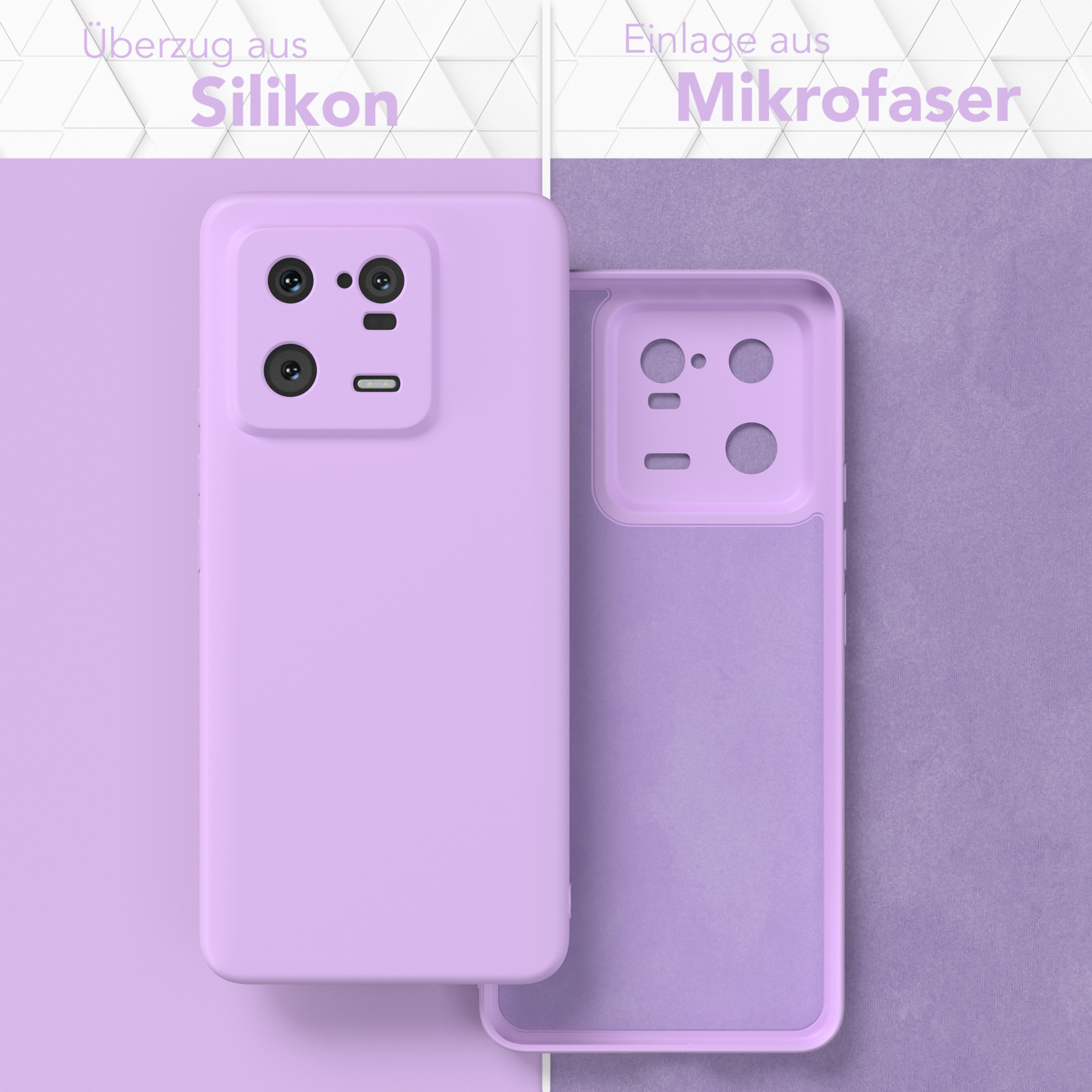 Zwei Handyhüllen: lila Silikon außen und Mikrofaser innen, Kamera sichtbar.