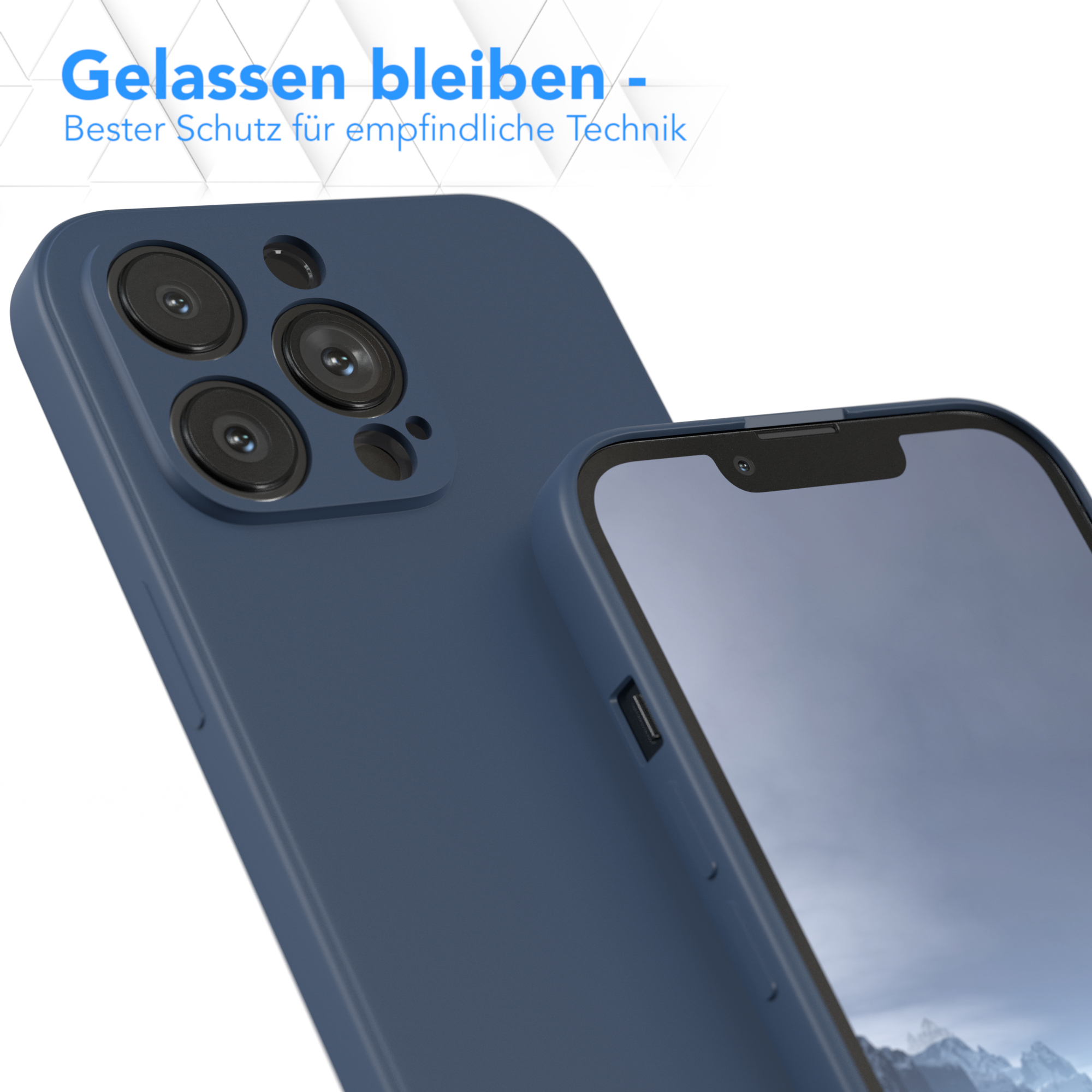 Eine dunkelblaue Handyhülle mit einem Telefon darin, mit dem Text 'Gelassen bleiben' oben.