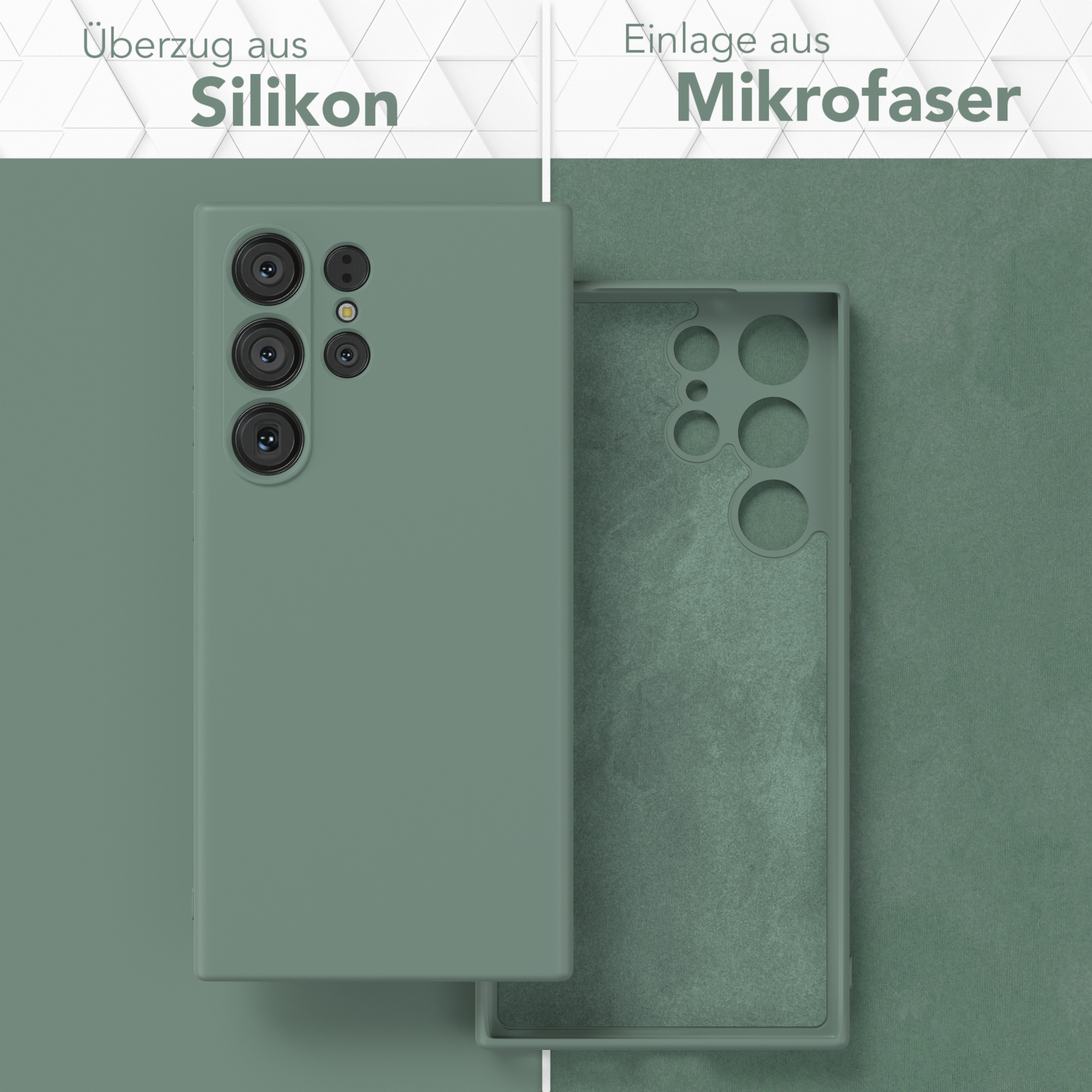 Zwei Handyhüllen, eine montiert, eine demontiert, zeigen eine Handyhülle aus Silikon und Mikrofaser.