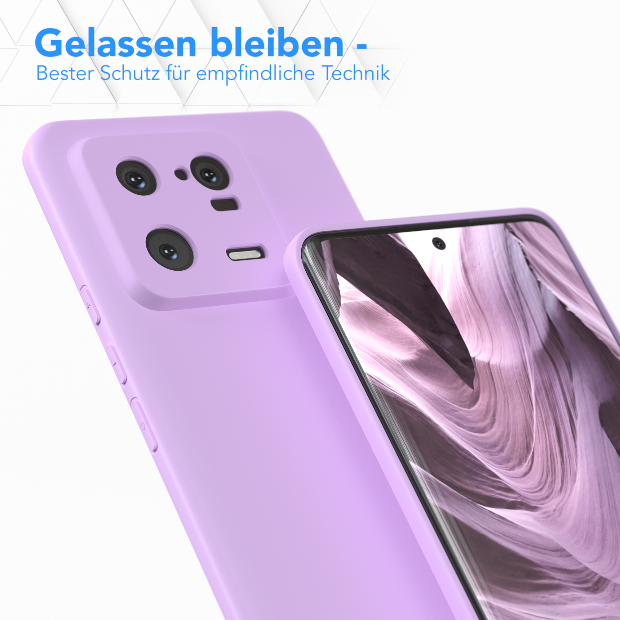 Zwei lavendelfarbene Handyhüllen, eine bedeckt ein Telefon mit zwei Kameras. Der Text betont den Schutz.