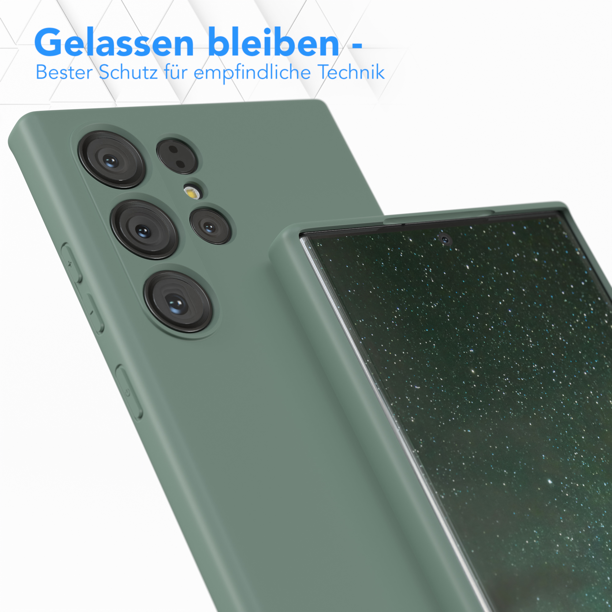 Eine grüne Handyhülle mit Kameralinsen wird gezeigt. Der Hintergrund ist weiß.