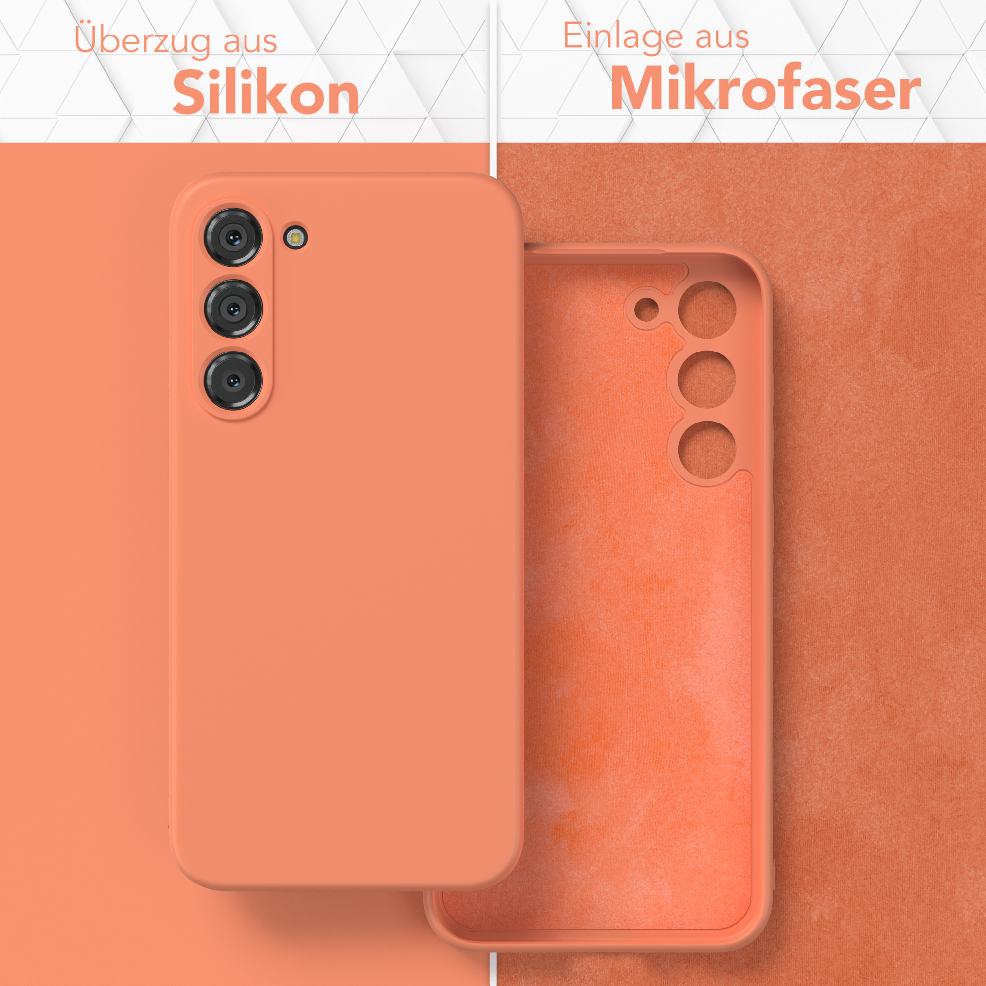 Eine korallenfarbene Handyhülle mit Handy, sowie den Worten 'Silikon' und 'Mikrofaser'.