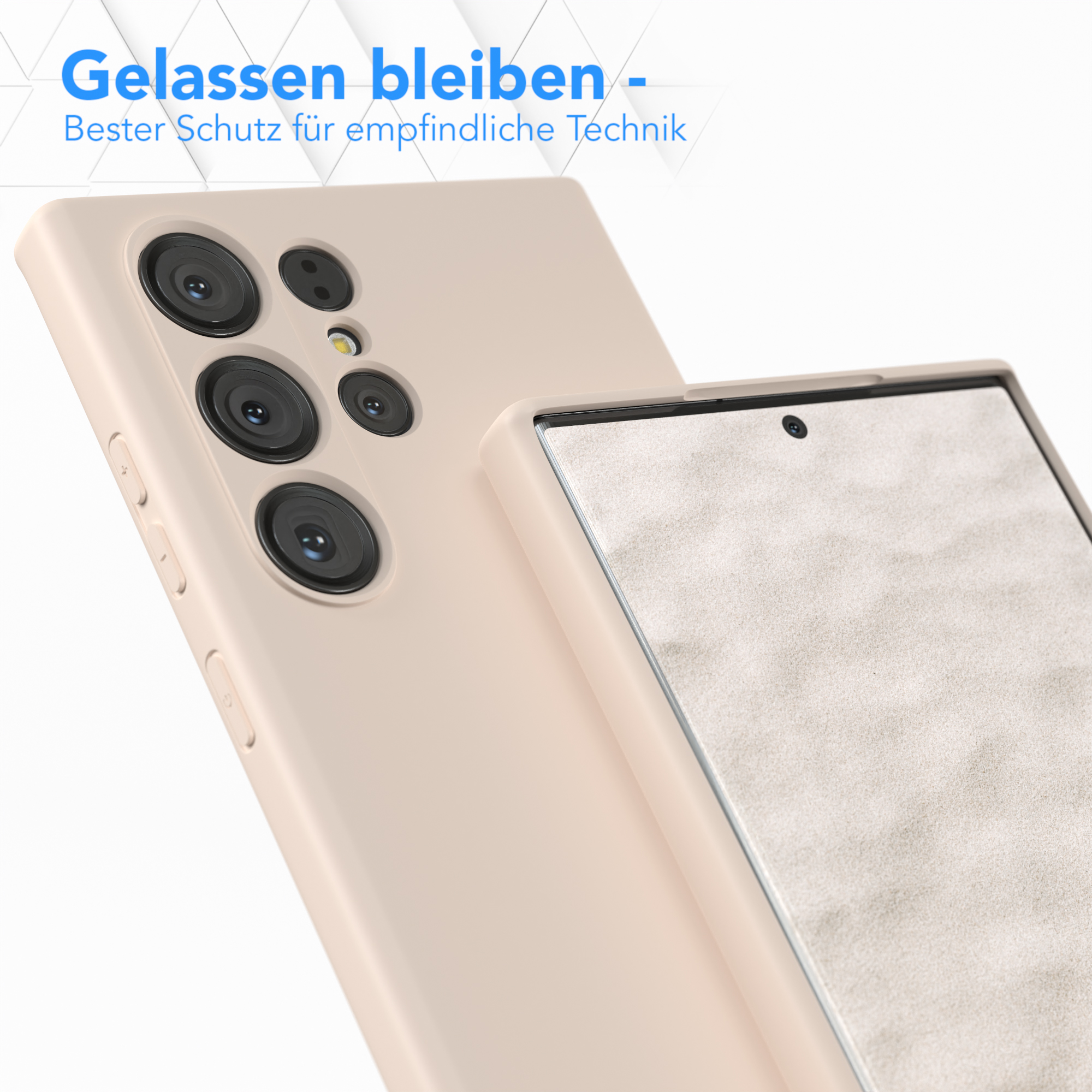 Handyhülle mit Telefon, Text 'Gelassen bleiben' und Slogan.