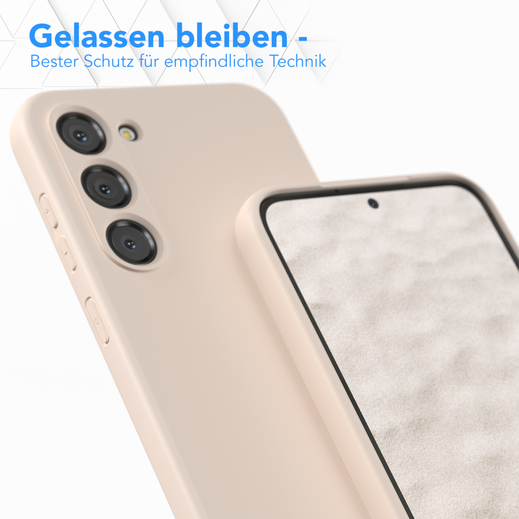 Beige Handyhülle mit Telefon, das Kameramodul und den Schutz der Hülle zeigt.