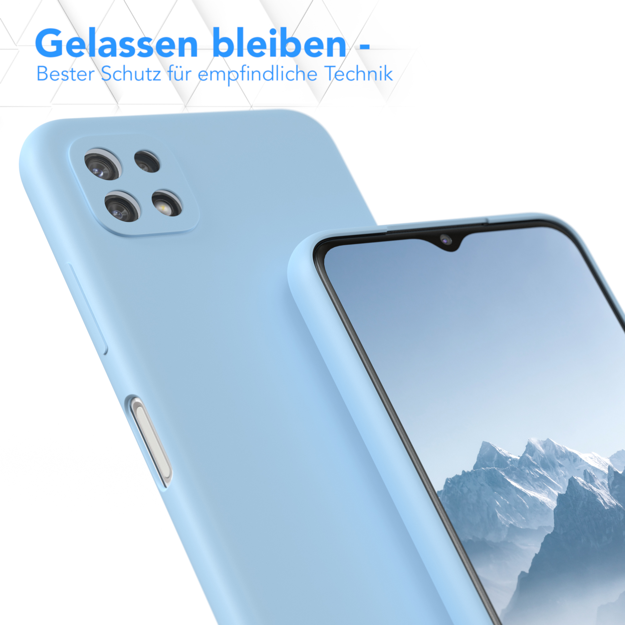 Eine hellblaue Handyhülle mit einem Telefon darin; Text: "Bleiben Sie entspannt - Bester Schutz für empfindliche Technik."