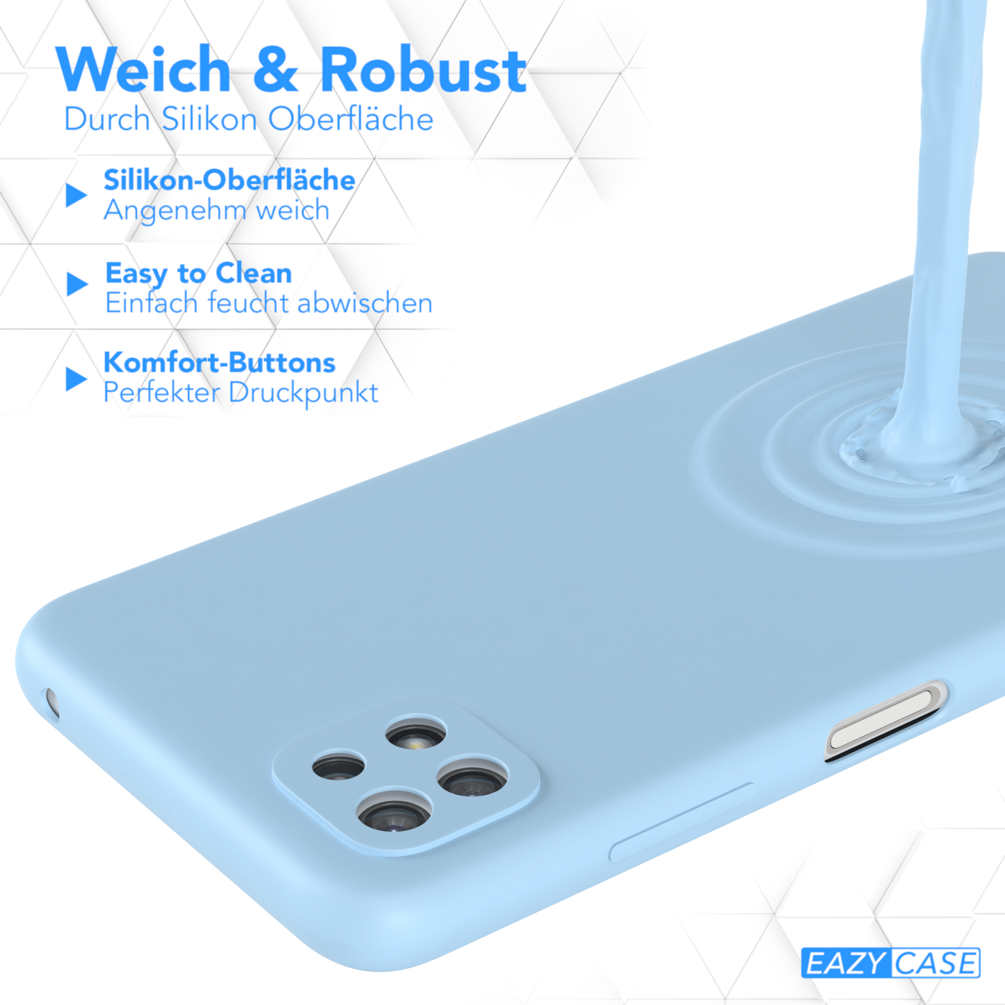Blaue Telefonhülle mit Text. Eine blaue Flüssigkeit, die auf die Hülle gegossen wird. Weißer Hintergrund.