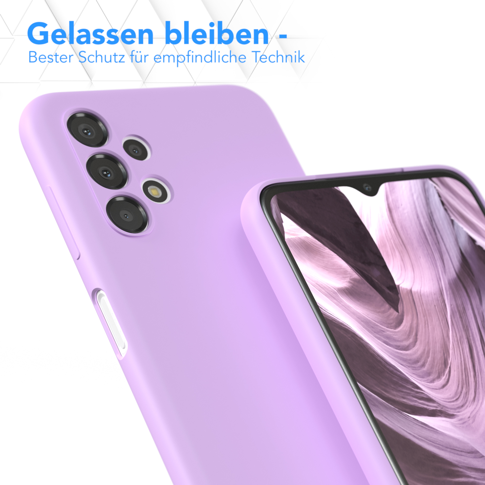 Zwei lila Handyhüllen. Eine ist eine Handyhülle mit Kameraaussparung. Die andere befindet sich rechts.