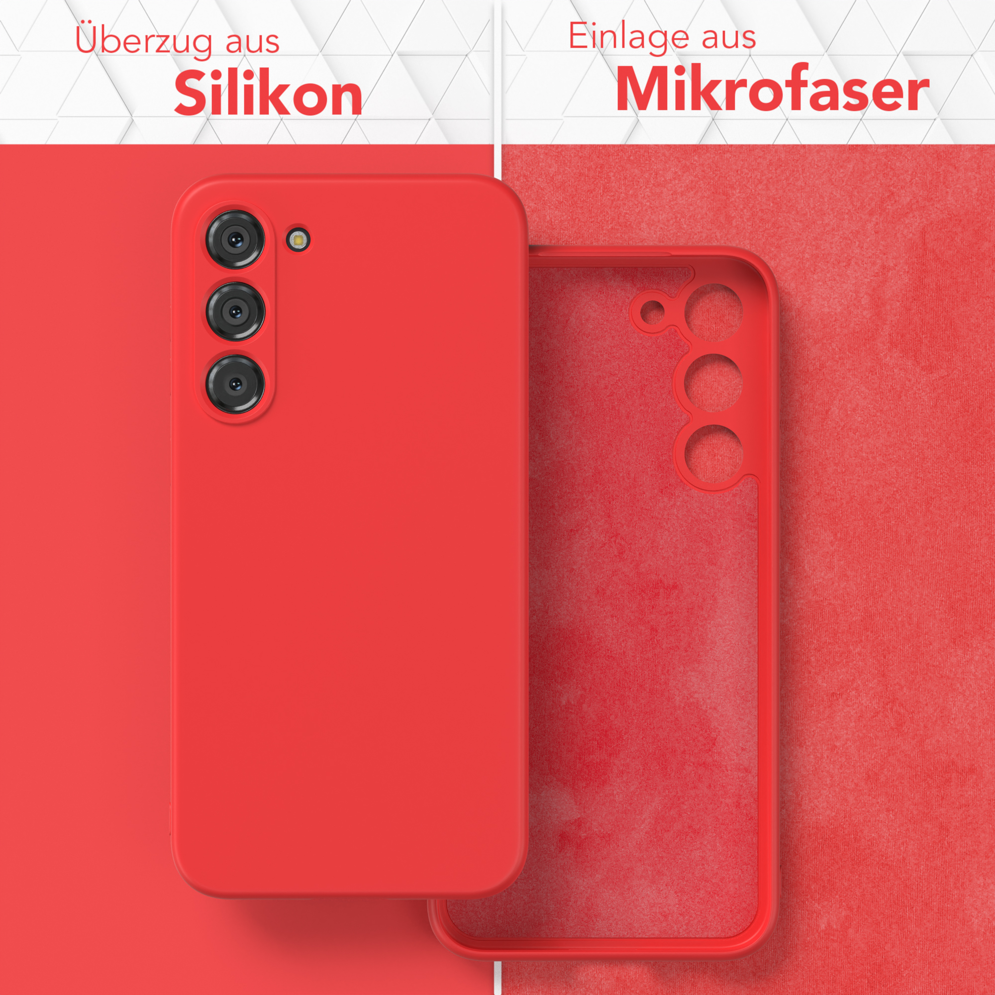 Zwei Hälften einer Handyhülle, außen rot und innen Mikrofaser. Ein Telefon passt hinein.