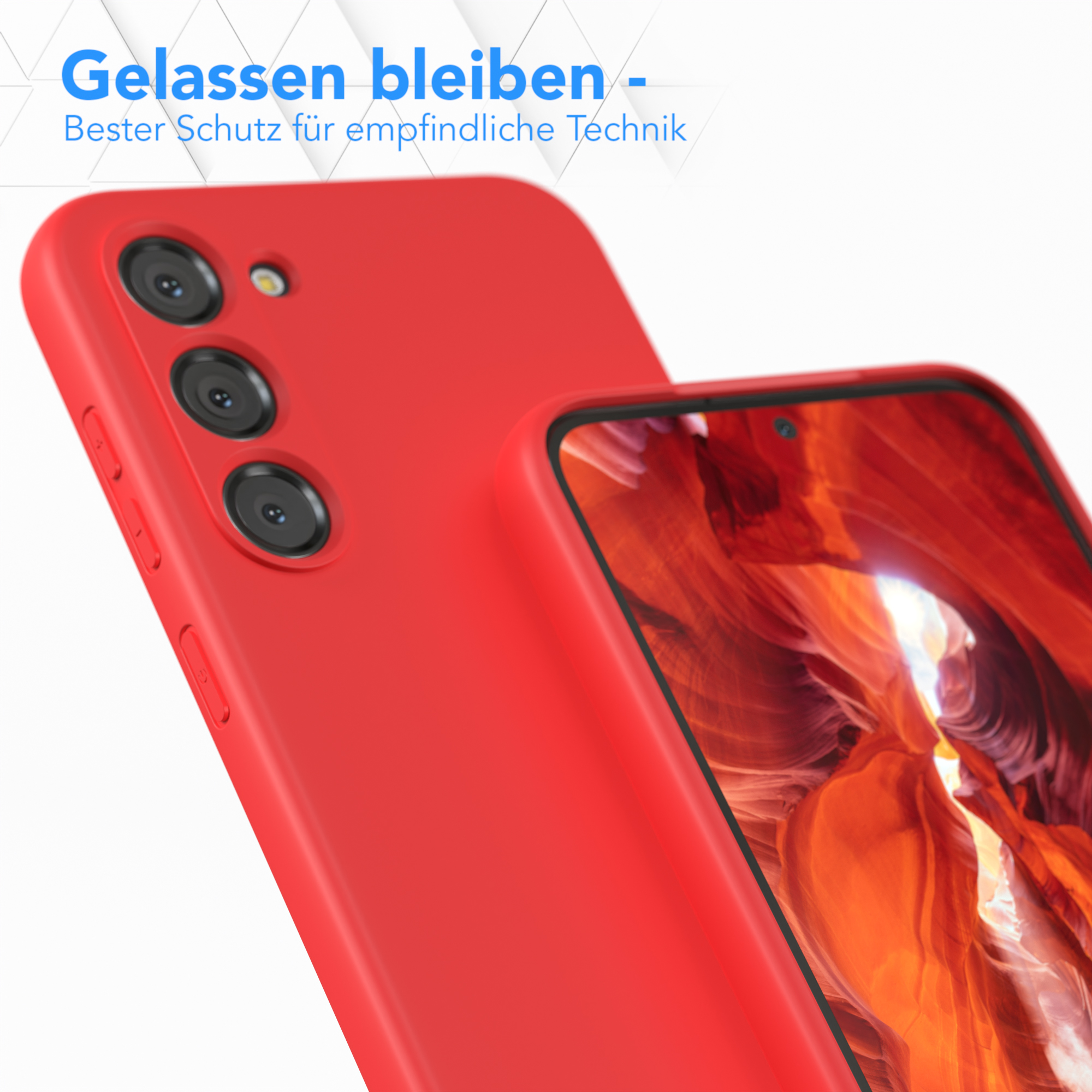 Eine rote Handyhülle auf weißer Oberfläche, mit einem Telefon darin, die Hülle befindet sich neben einer weißen Oberfläche.