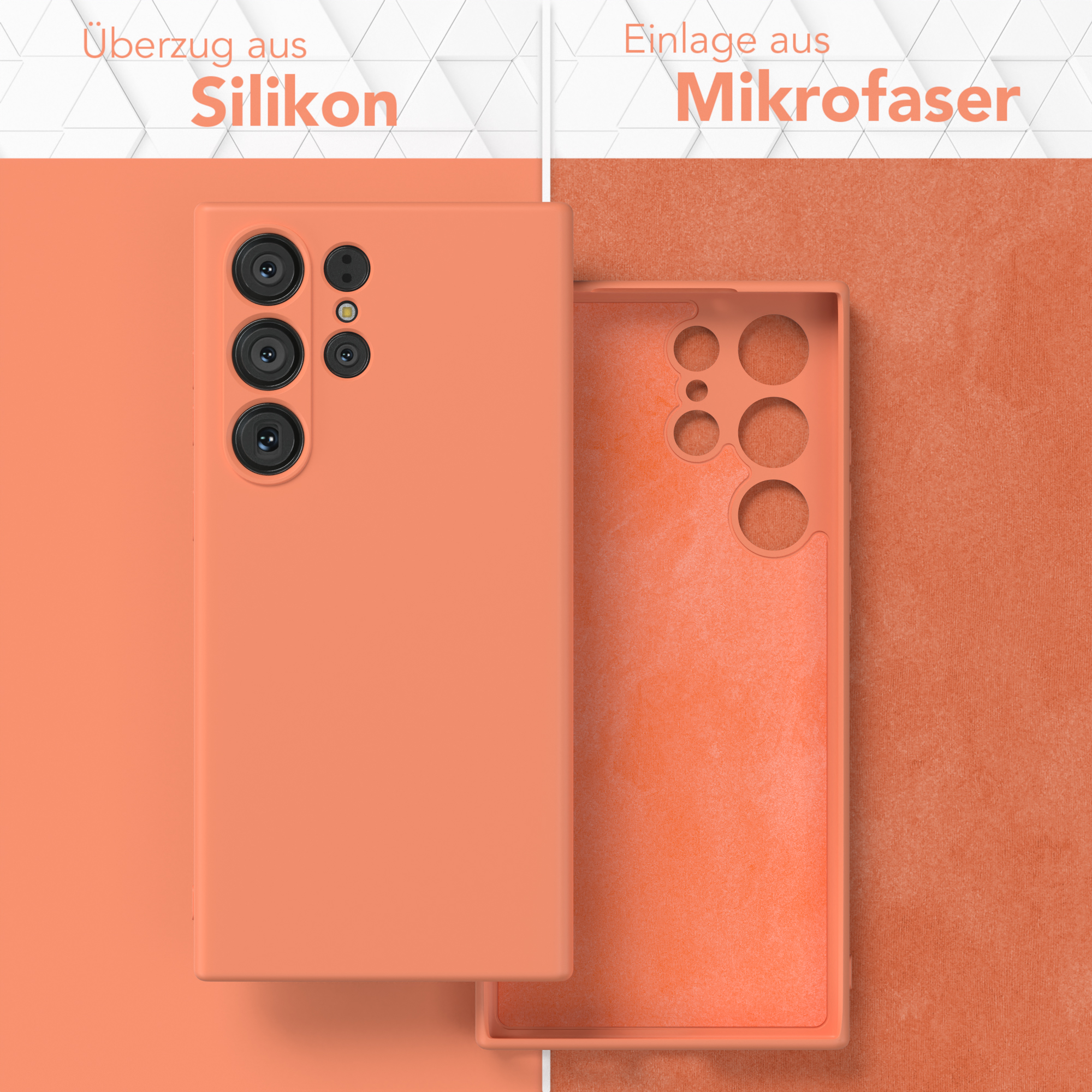 Eine Handyhülle aus Silikon und Mikrofaser in Orange, mit geöffneter Hülle, die das Innere zeigt.