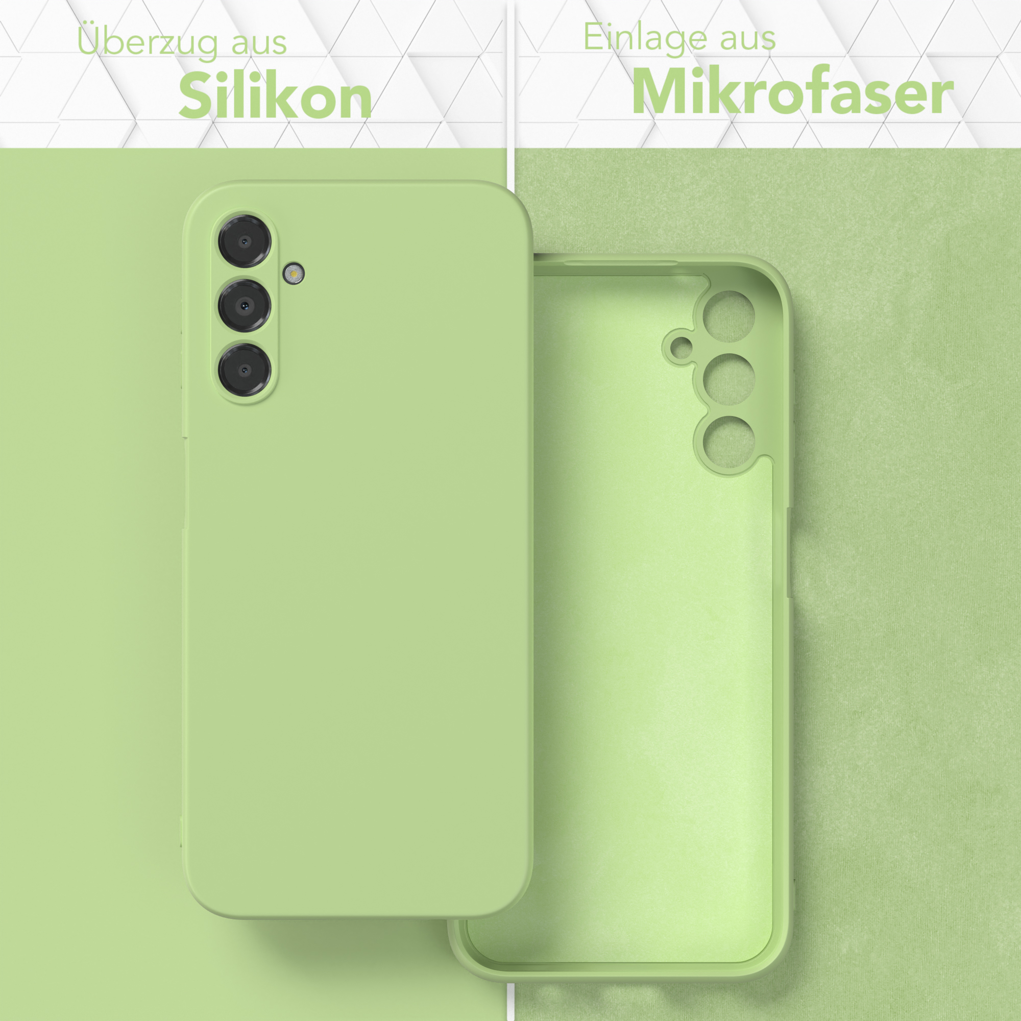 Grüne Handyhülle mit Silikonaußenseite und Mikrofaserinnenseite, geöffnet und geschlossen gezeigt.