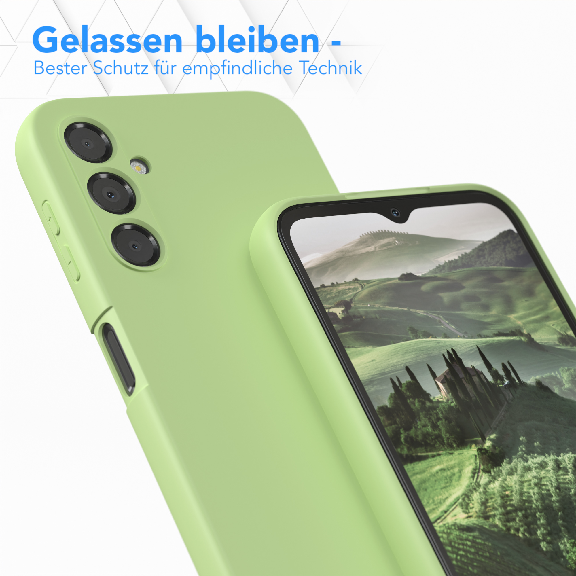 Eine grüne Handyhülle auf einem grünen Telefon, das die Kameralinsen des Telefons zeigt.