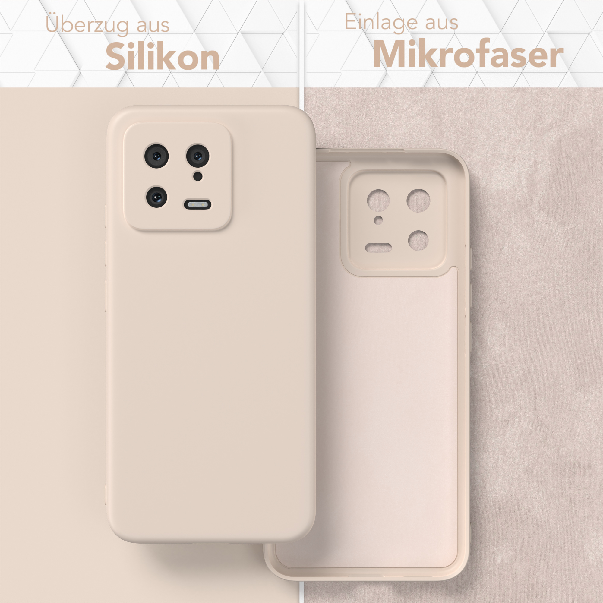 Beige Handyhülle, außen und innen, mit den Worten 'Silikon' und 'Mikrofaser'.