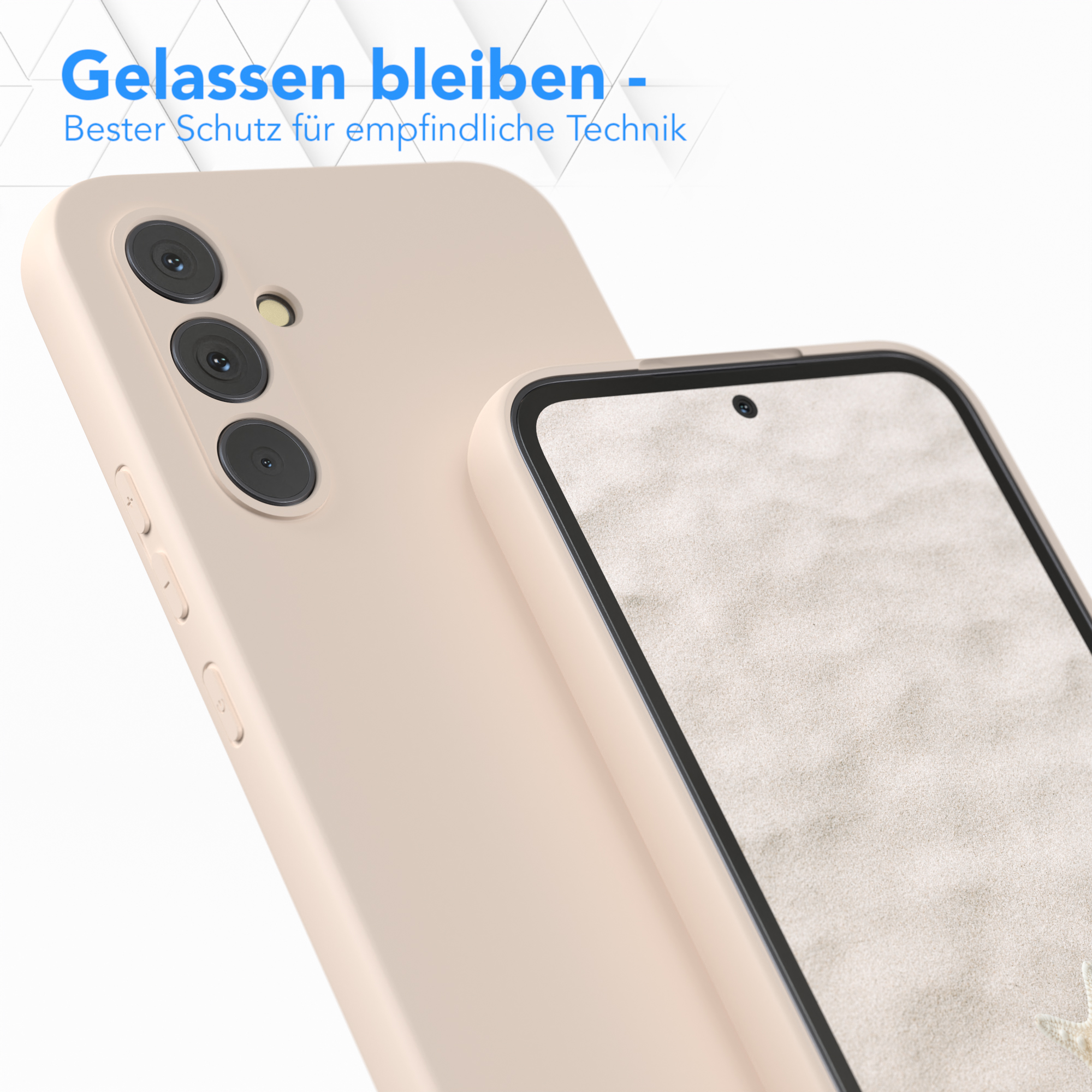 Eine Handyhülle auf einer Oberfläche. Die Hülle ist beige, ein Telefon ist darin sichtbar.