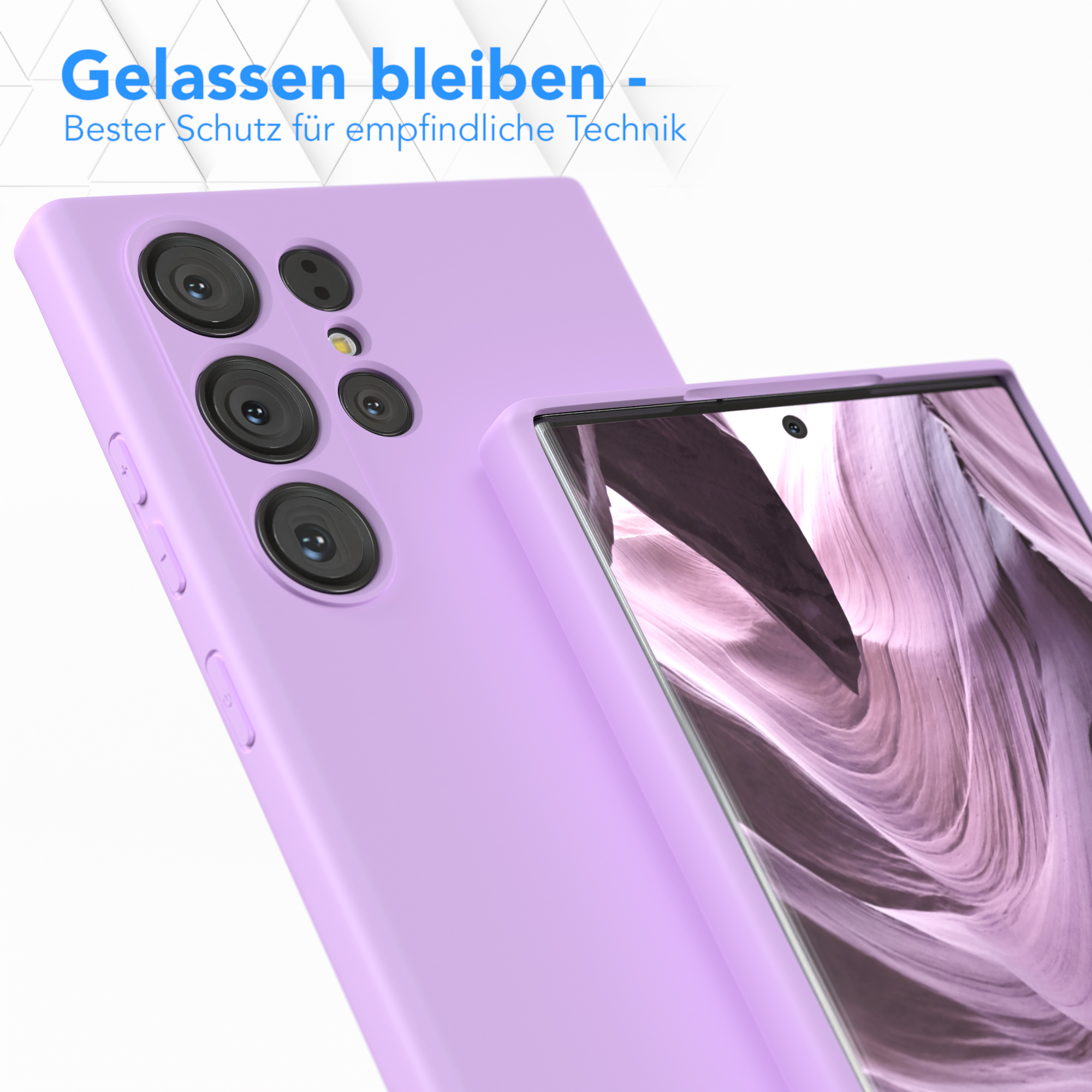 Lila Handyhülle, zeigt Außen- und Innenseite mit einem Telefon.