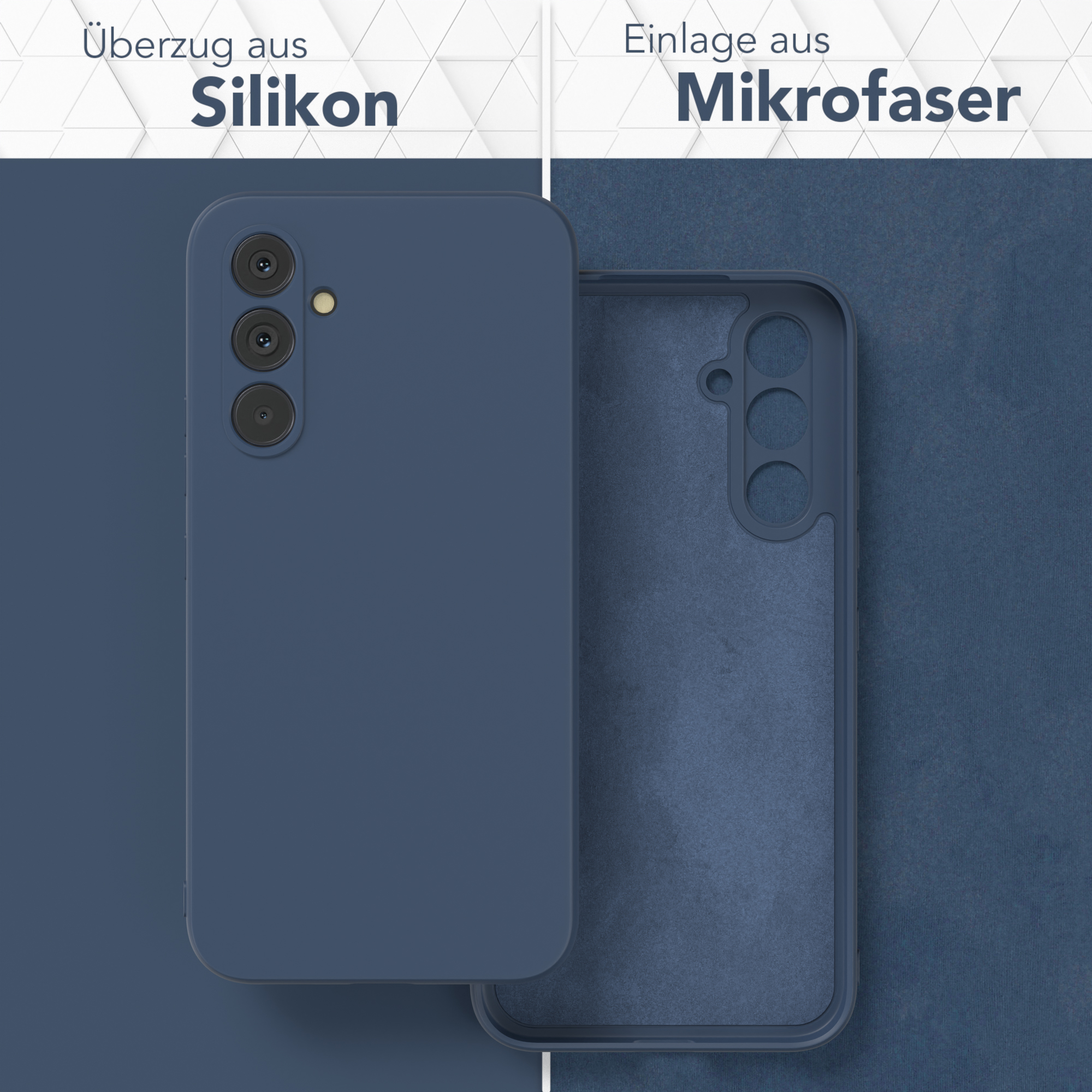 Telefonhülle, offen, zeigt die Außenseite und die Innenseite. Blau und dunkelblau.