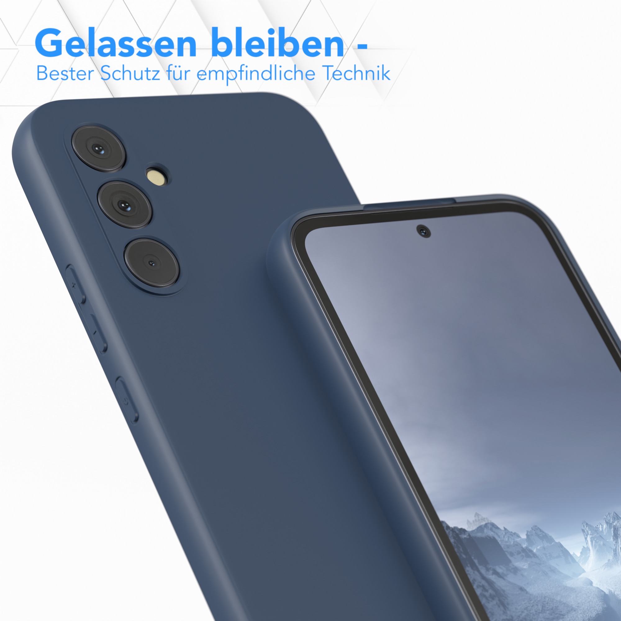 Eine blaue Handyhülle auf blauem Hintergrund, die das Telefon zeigt, mit Schutzdesign.