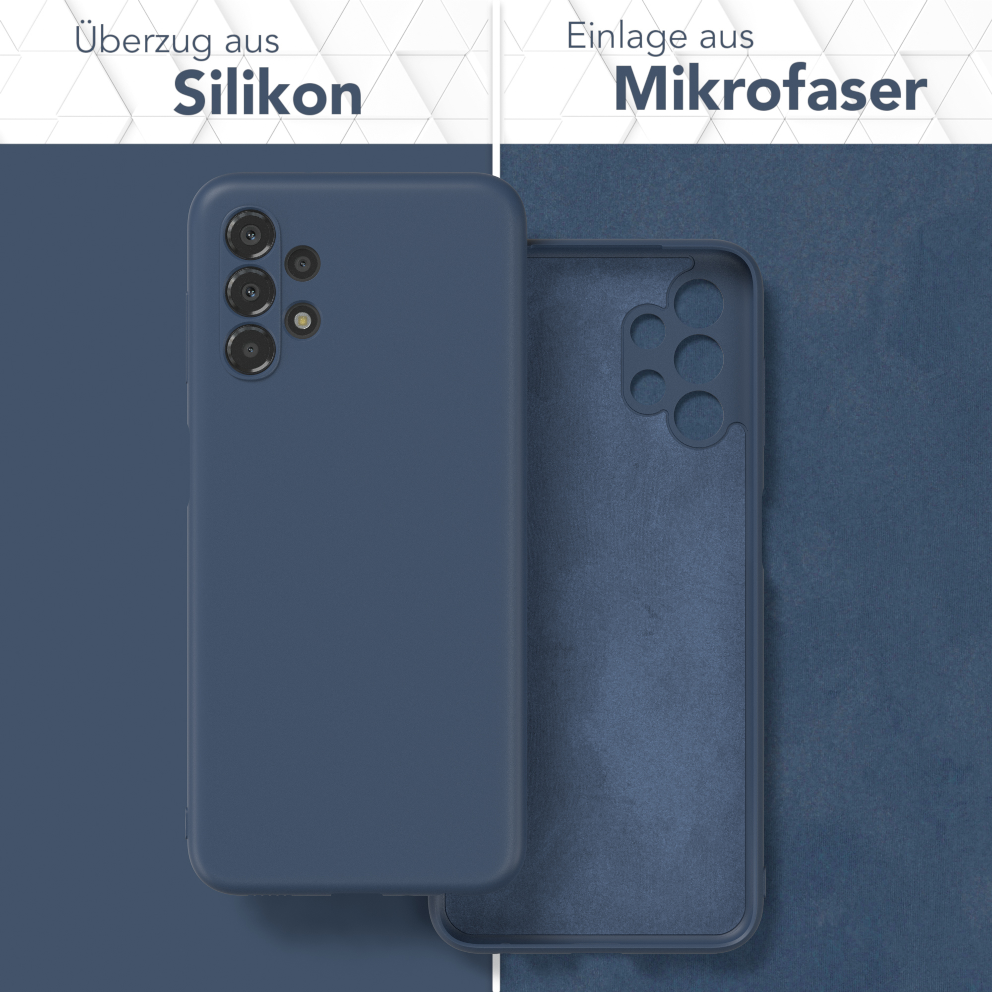 Zweiteiliges Bild, blaue Handyhülle links, dunkelblaues Mikrofaser-Interieur rechts, Text zeigt Silikon & Mikrofaser.