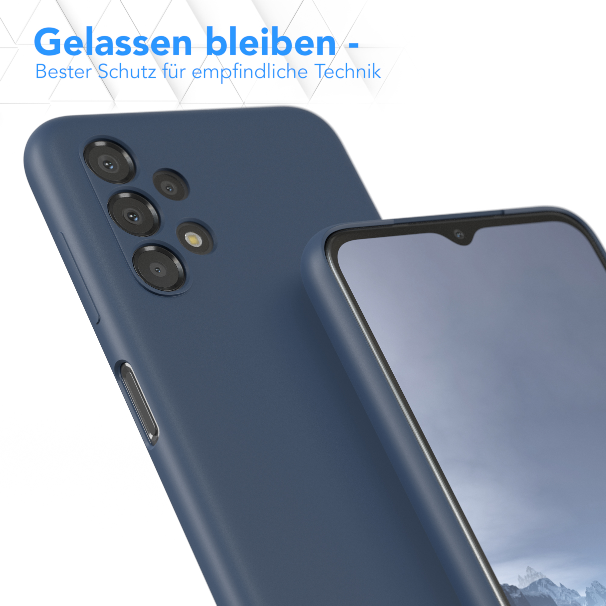 Nahaufnahme einer dunkelblauen Handyhülle mit einem Telefonbildschirm im Inneren.