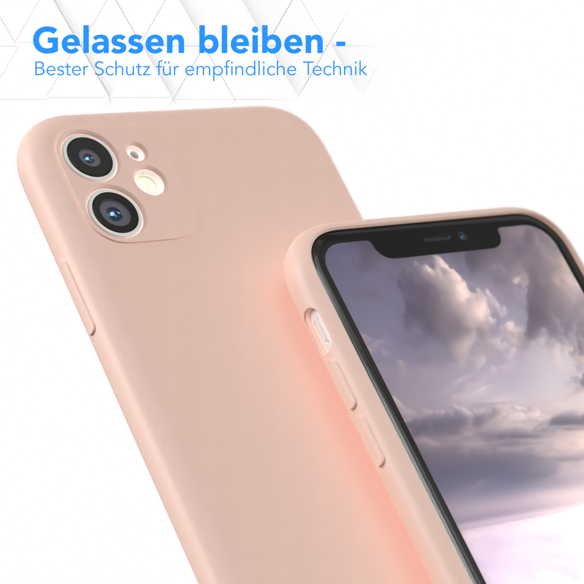 Nahaufnahme einer Handyhülle, mit einem Telefon darin. Die Hülle ist hellrosa. Der Hintergrund ist leicht unscharf.
