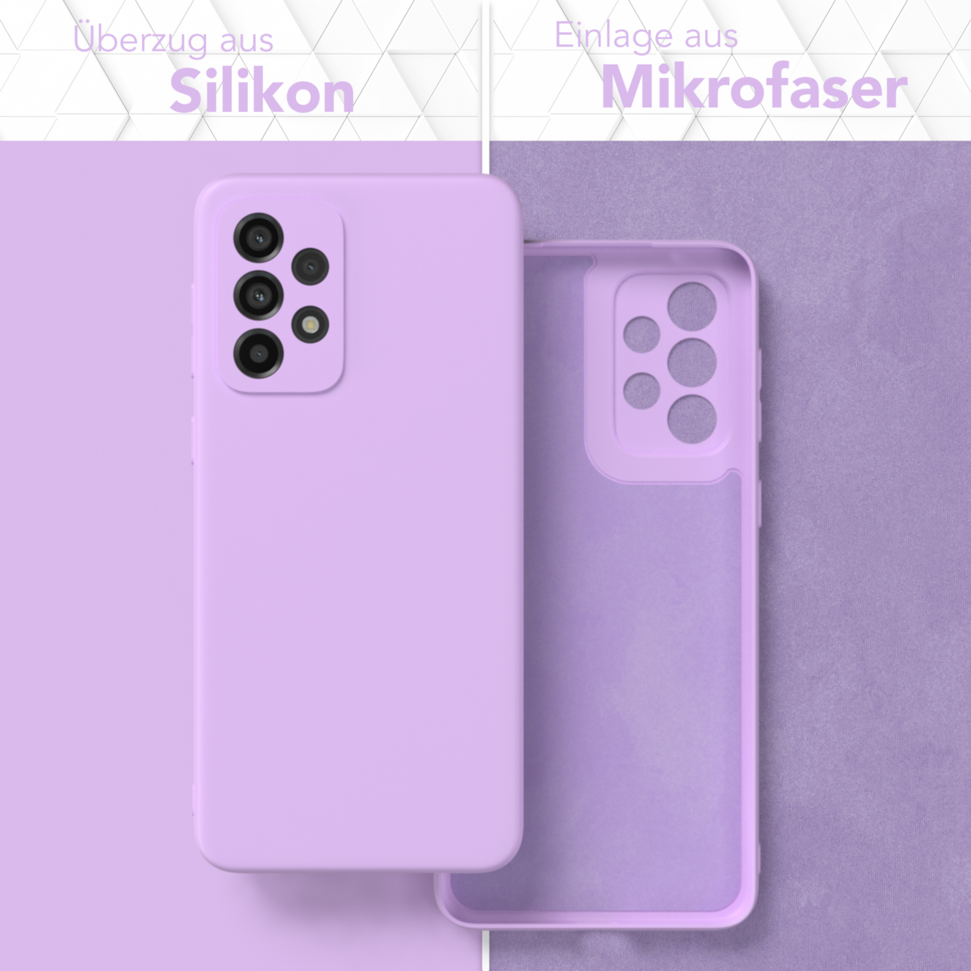 Eine lila Handyhülle. Die linke Seite zeigt die Hülle an einem Telefon. Die rechte Seite zeigt die offene Hülle.