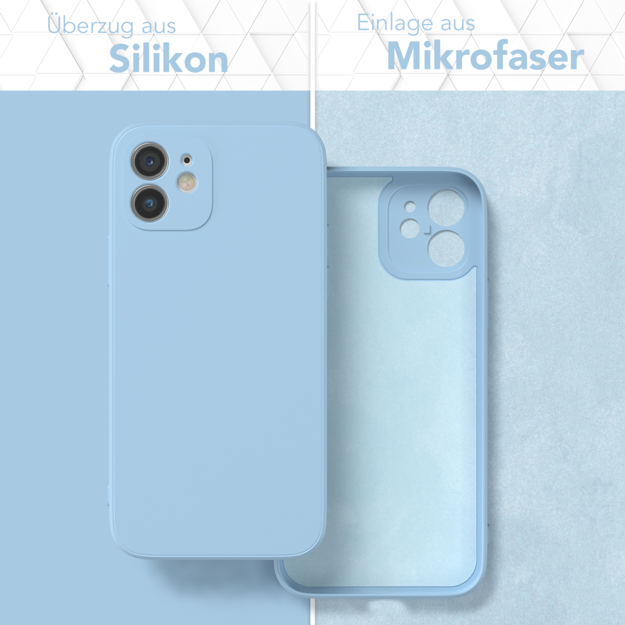 Zwei Handyhüllen: eine blaue, eine transparente. Beide befinden sich in einem blau-weißen Hintergrund.